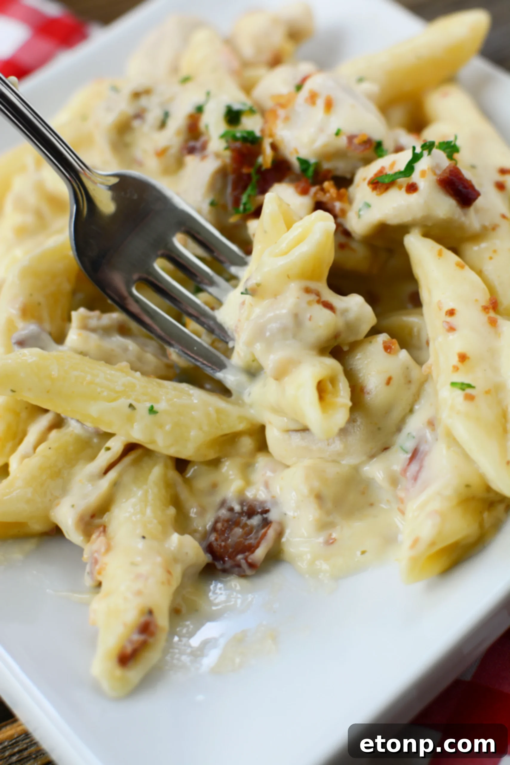 A bowl of Instant Pot Crack Chicken Pasta topped with extra bacon crumbles and a sprinkle of fresh herbs.