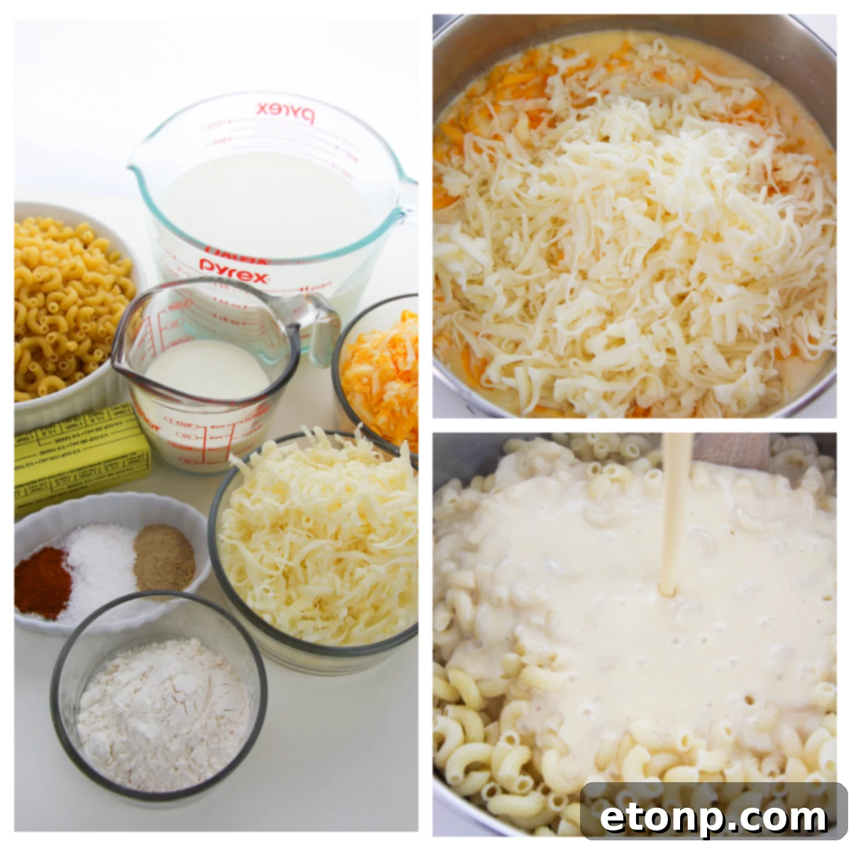 Close-up of macaroni and cheese ingredients laid out on a table, including pasta, butter, milk, and various cheeses.