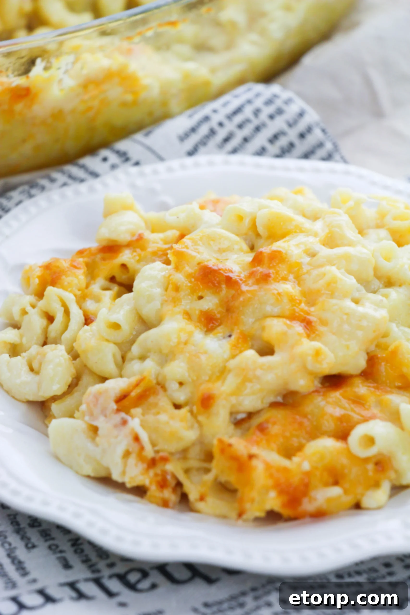 A serving of creamy baked macaroni and cheese on a plate, showing its rich texture.