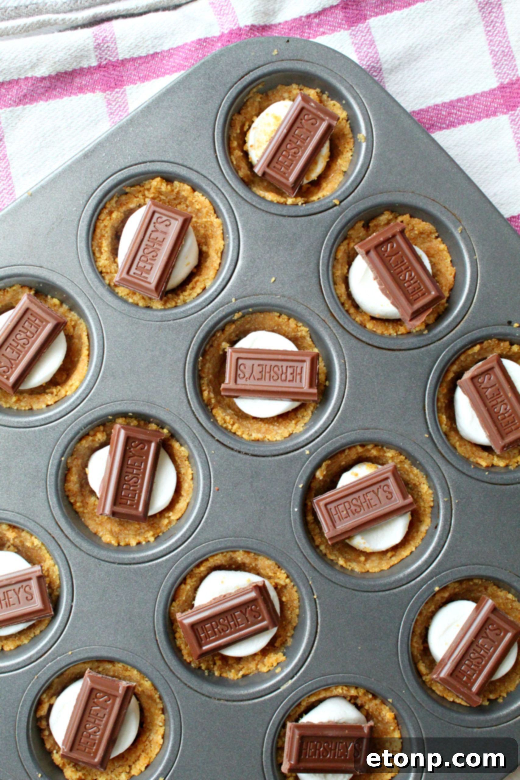 Fireside S'mores Cookie Bites 3 A close-up shot of S'mores Cookie Cups, showcasing the golden graham cracker crust, gooey marshmallow, and melted chocolate.