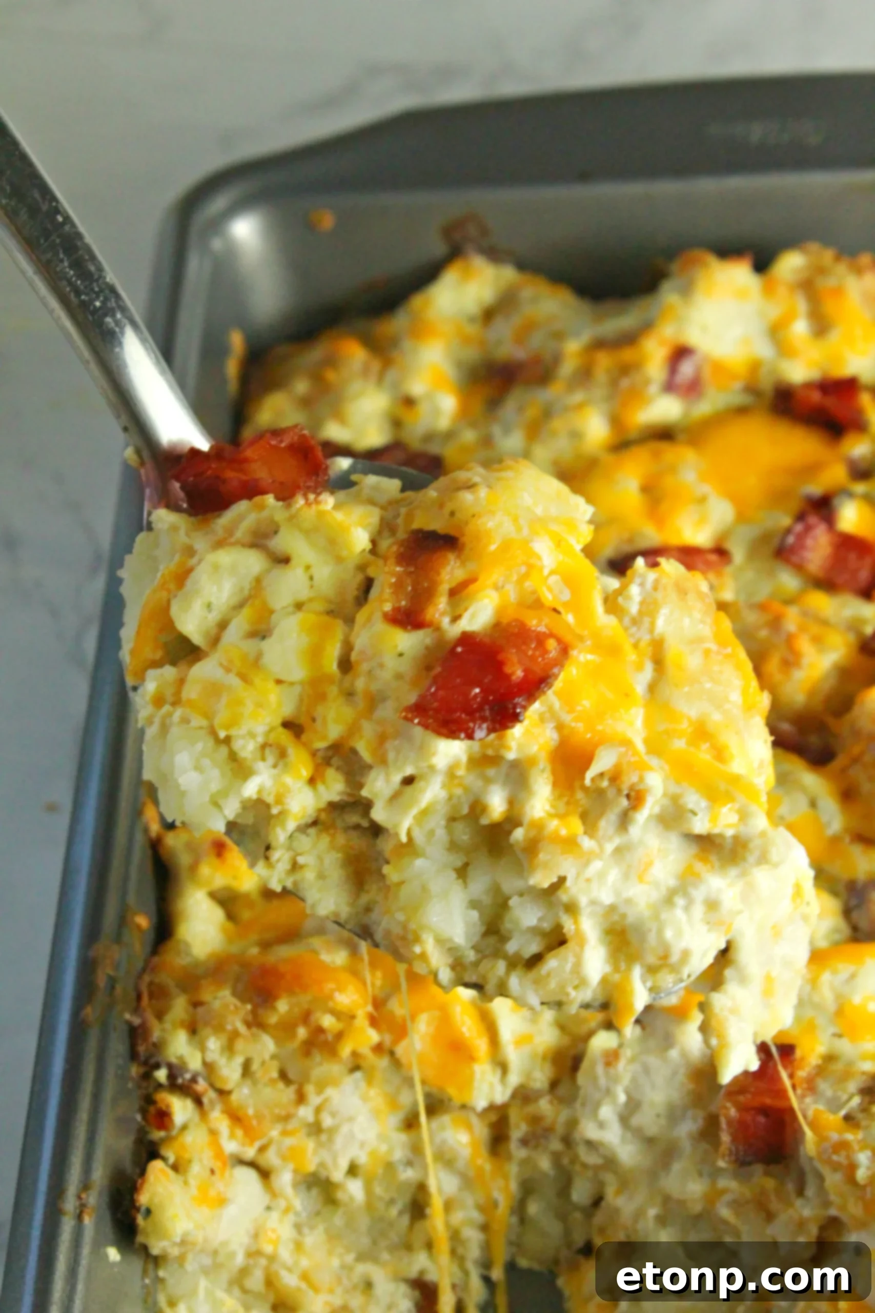 A golden-brown Cracked Out Chicken Tater Tot Casserole, freshly baked and topped with crispy tater tots and melted cheese.