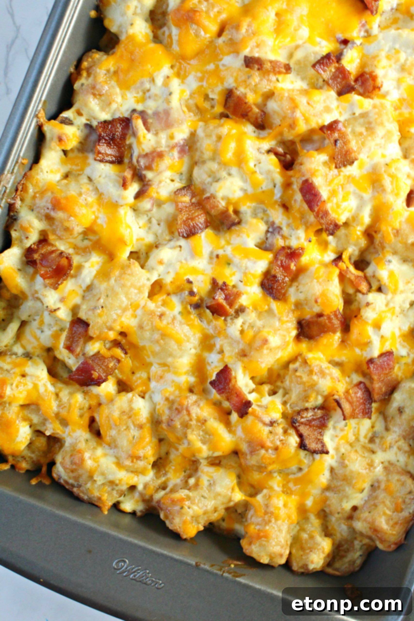 Close-up of a serving of Cracked Out Chicken Tater Tot Casserole, showing the creamy chicken and cheese filling with crispy tater tots.