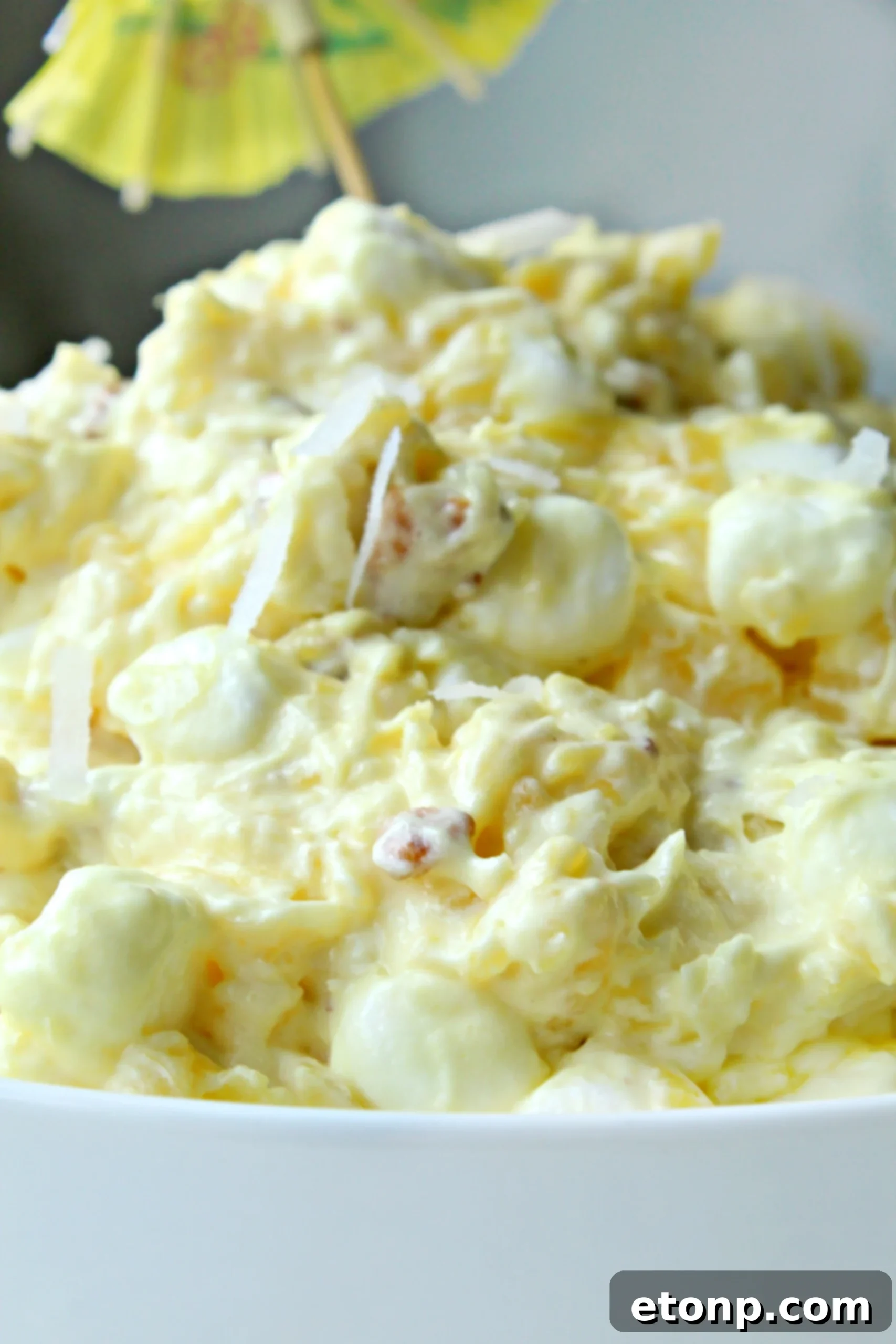 A close-up shot of the creamy Pina Colada Fluff, focusing on the texture and hints of tropical fruit within.