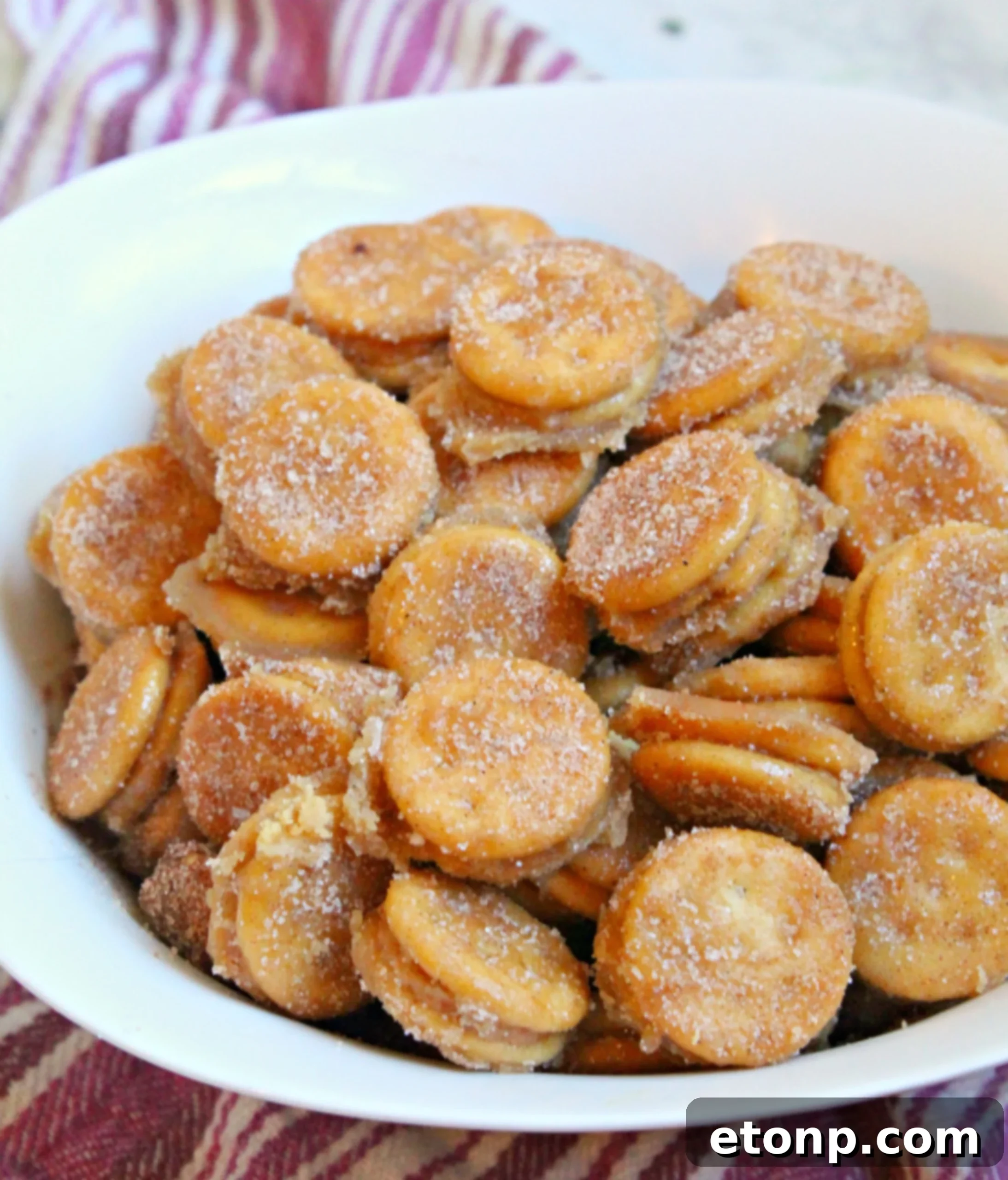 Delicious Ritz Churro Bites served on a white platter, ready to be enjoyed.