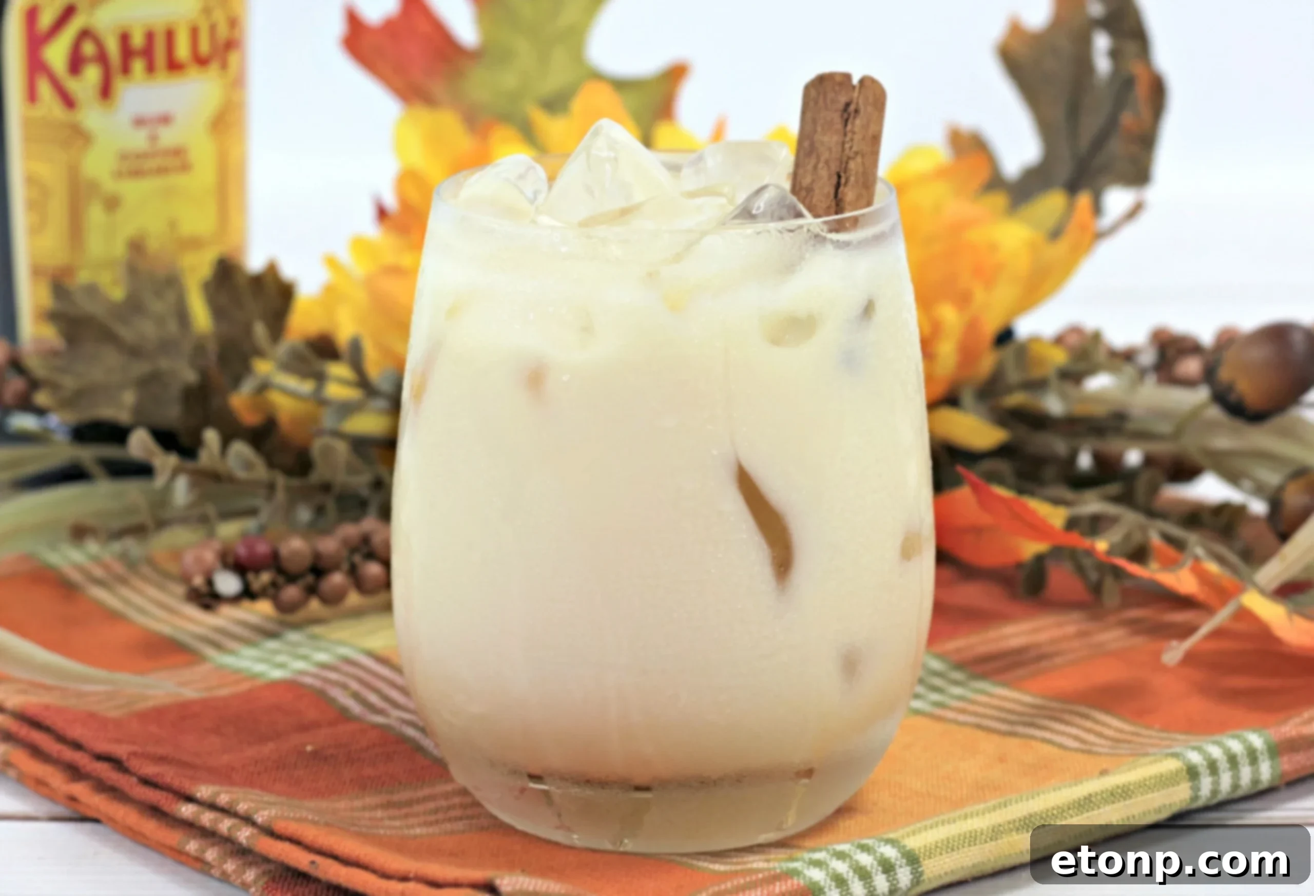 Close-up of a Pumpkin Spice White Russian Cocktail, highlighting its creamy texture and rich color, ready to be enjoyed.
