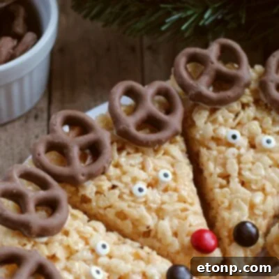 A close-up of a decorated Reindeer Rice Krispie Treat.
