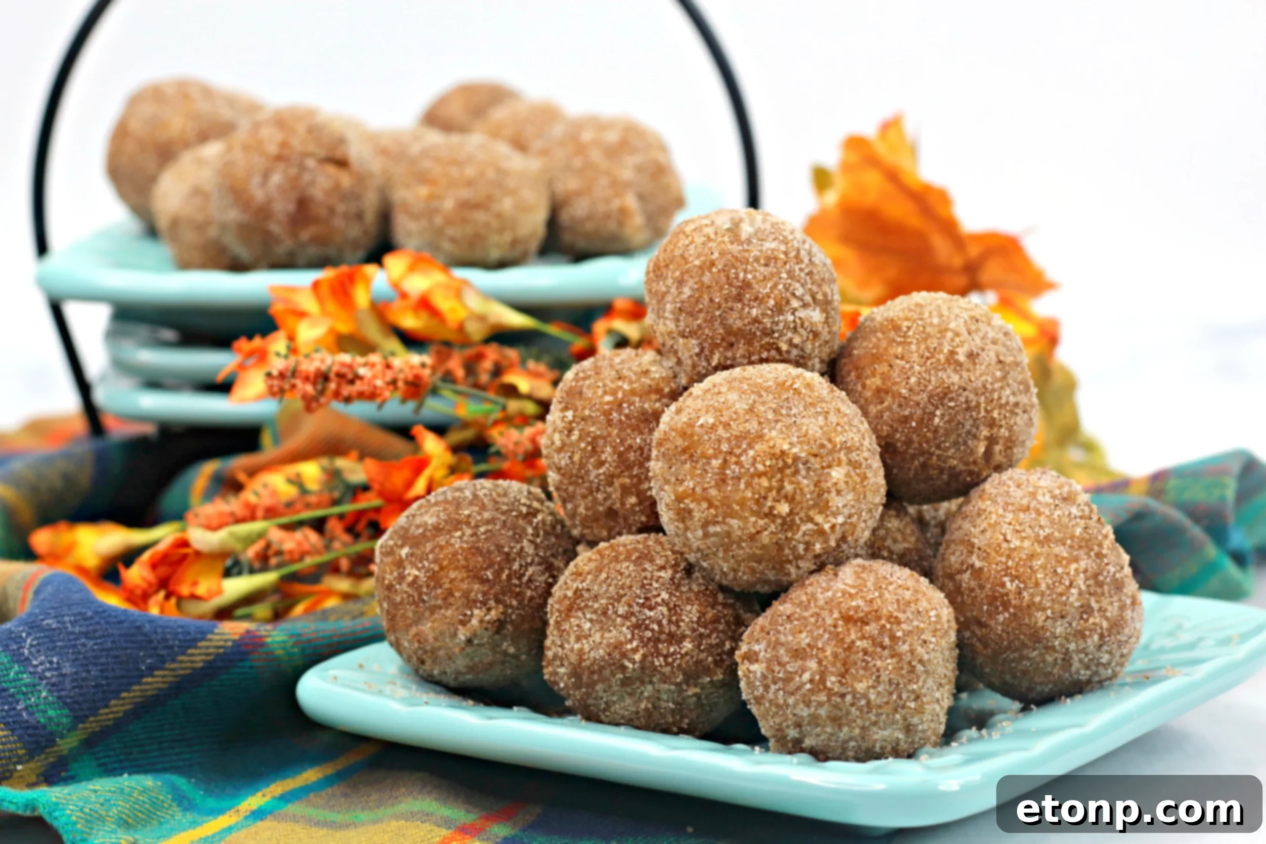 Assortment of Pumpkin Snickerdoodle Donut Holes piled on a rustic plate