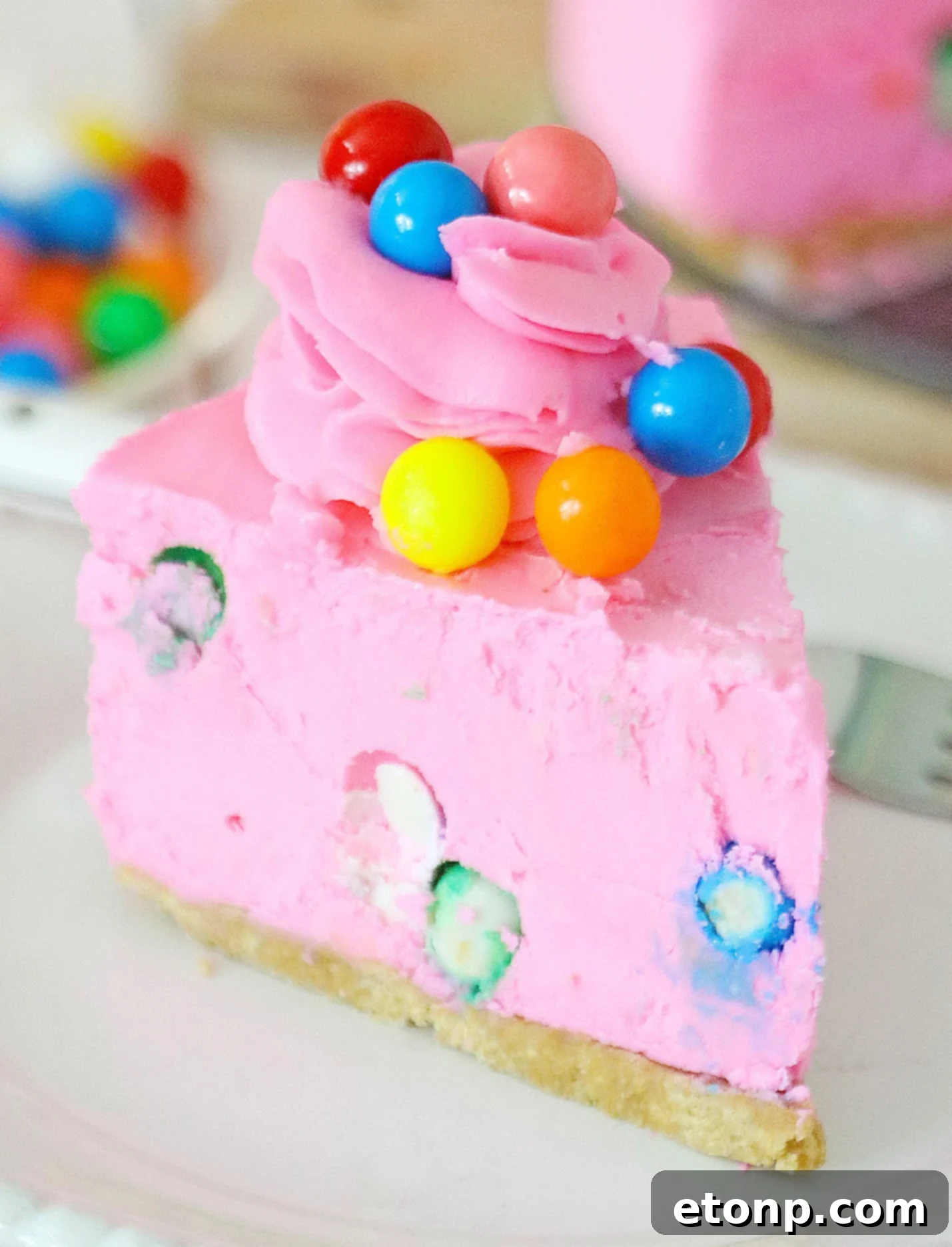 A slice of bubblegum cheesecake on a plate, showing the layers and gumballs, with more cheesecake in the background.