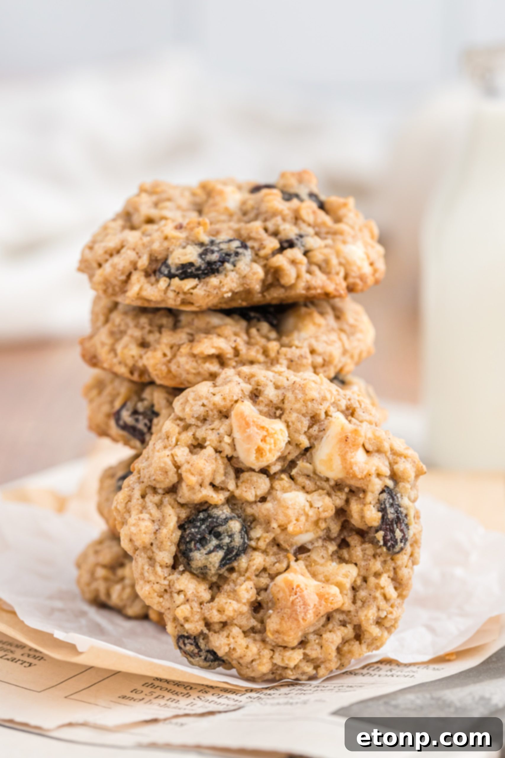 Chewy Oatmeal Raisin Cookies 2 Delicious Oatmeal Raisin Cookies fresh from the oven, cooling on a wire rack.