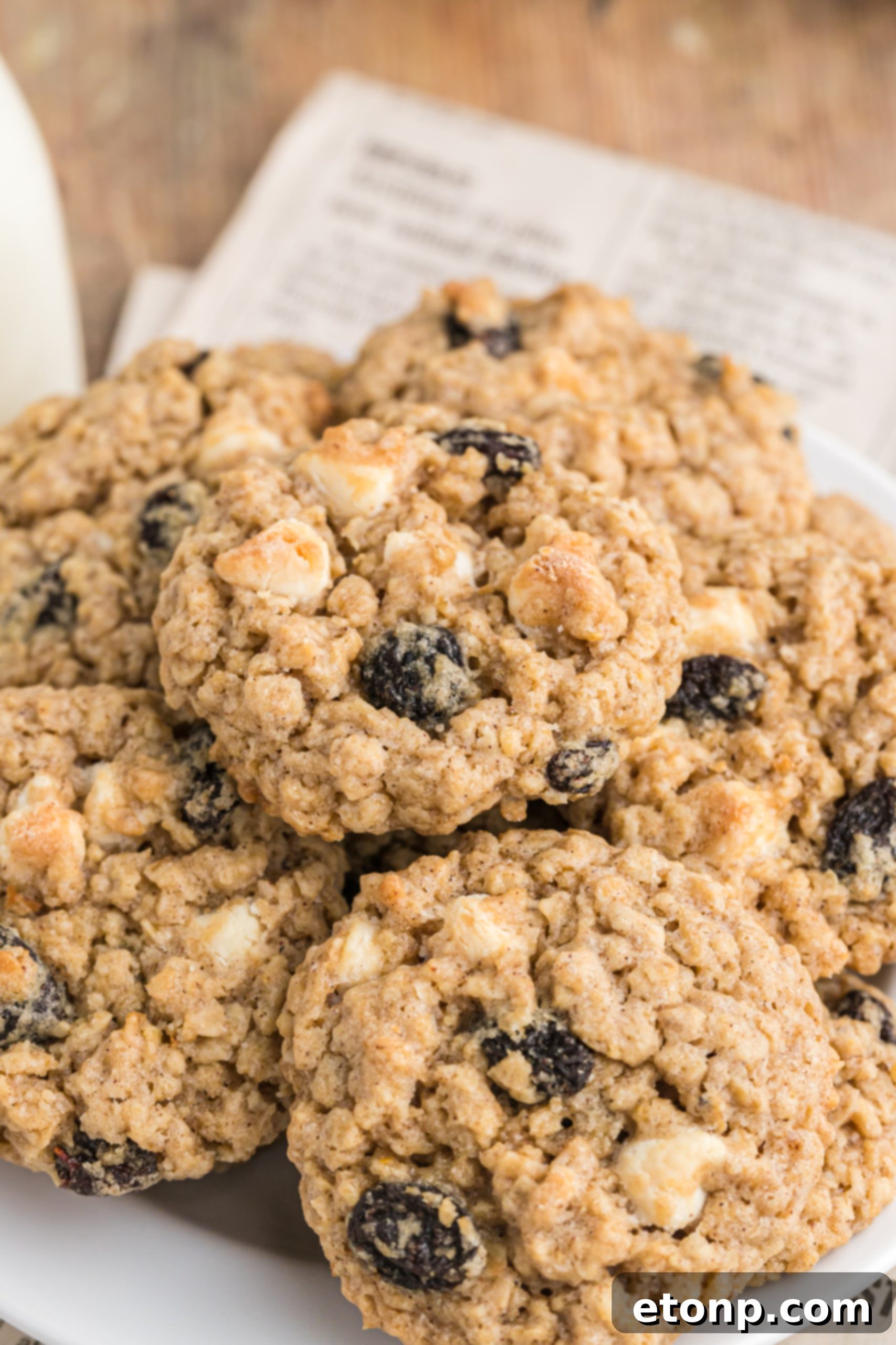 Chewy Oatmeal Raisin Cookies 10 A close-up of a plate of baked oatmeal raisin cookies, ready to be enjoyed.