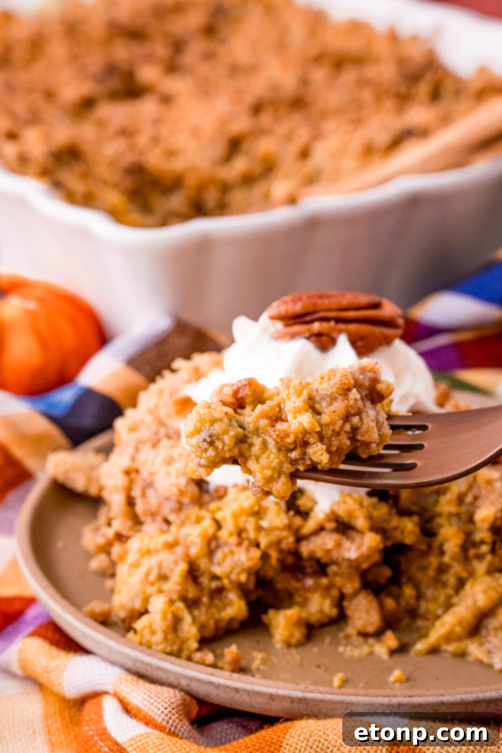 A close-up shot of the crunchy topping of the Pumpkin Pie Crisp, showing the golden-brown crumbs.