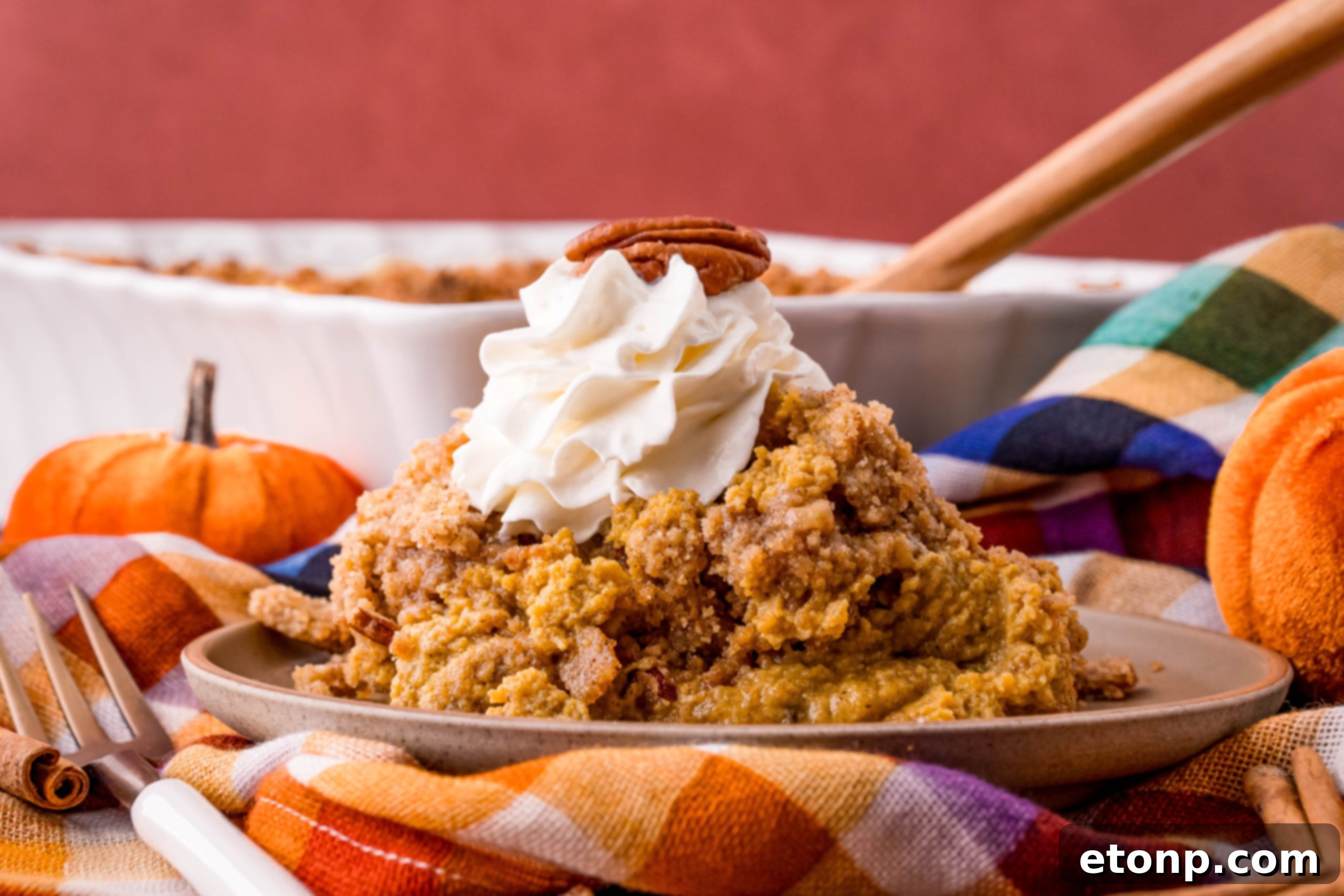 A bowl of Pumpkin Pie Crisp, perhaps for leftovers or a single serving.
