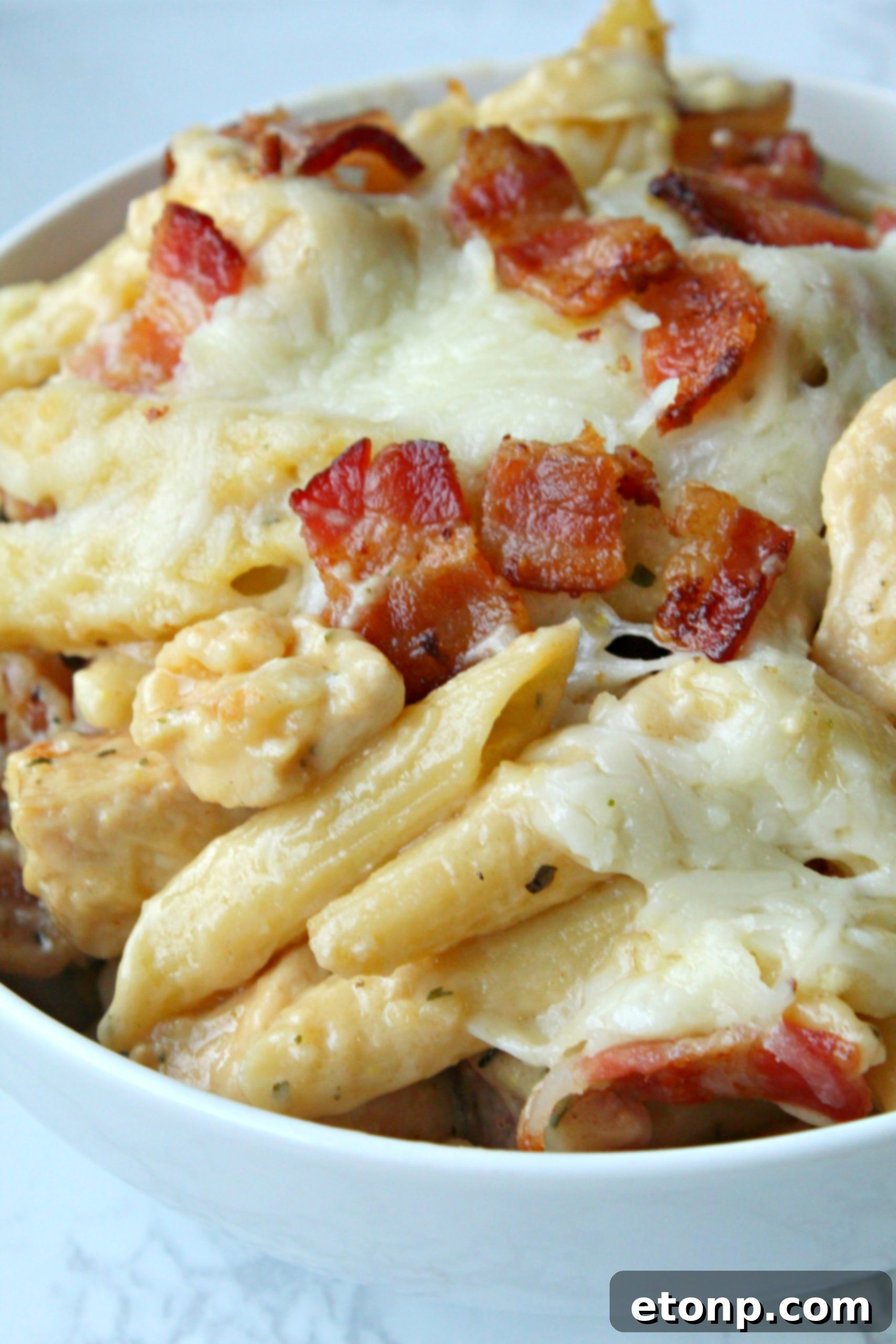 Ultimate Chicken Bacon Ranch Penne 5 Ingredients for Chicken Bacon Ranch Penne Casserole neatly arranged on a rustic wooden table, ready for preparation.