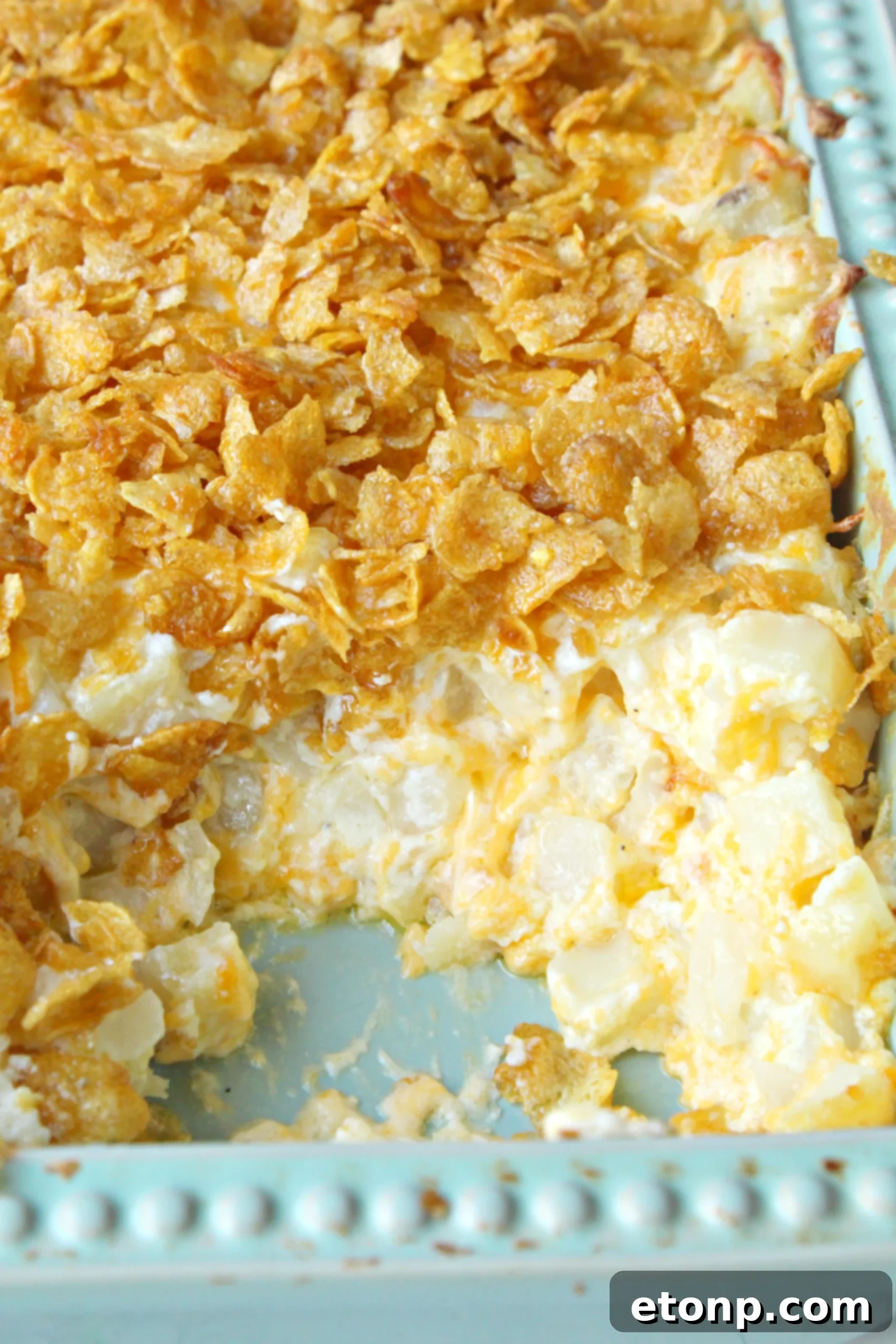 A beautifully baked dish of Funeral Potatoes with a golden-brown, crispy topping, ready to be served.