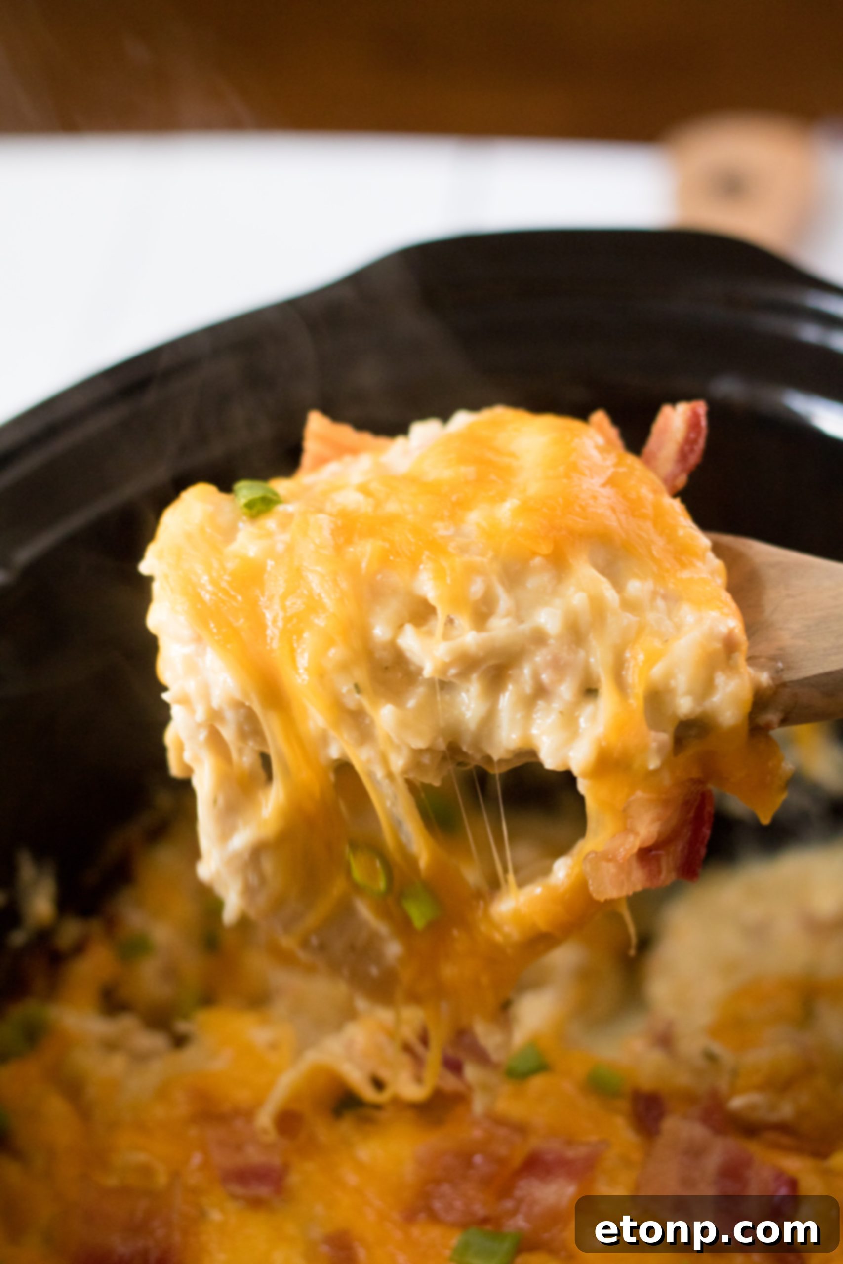 Bowl of Slow Cooker Cheesy Crack Chicken and Rice with a spoon