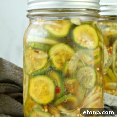 A beautifully presented jar of homemade Refrigerator Bread and Butter Pickles, vibrant and ready to eat.