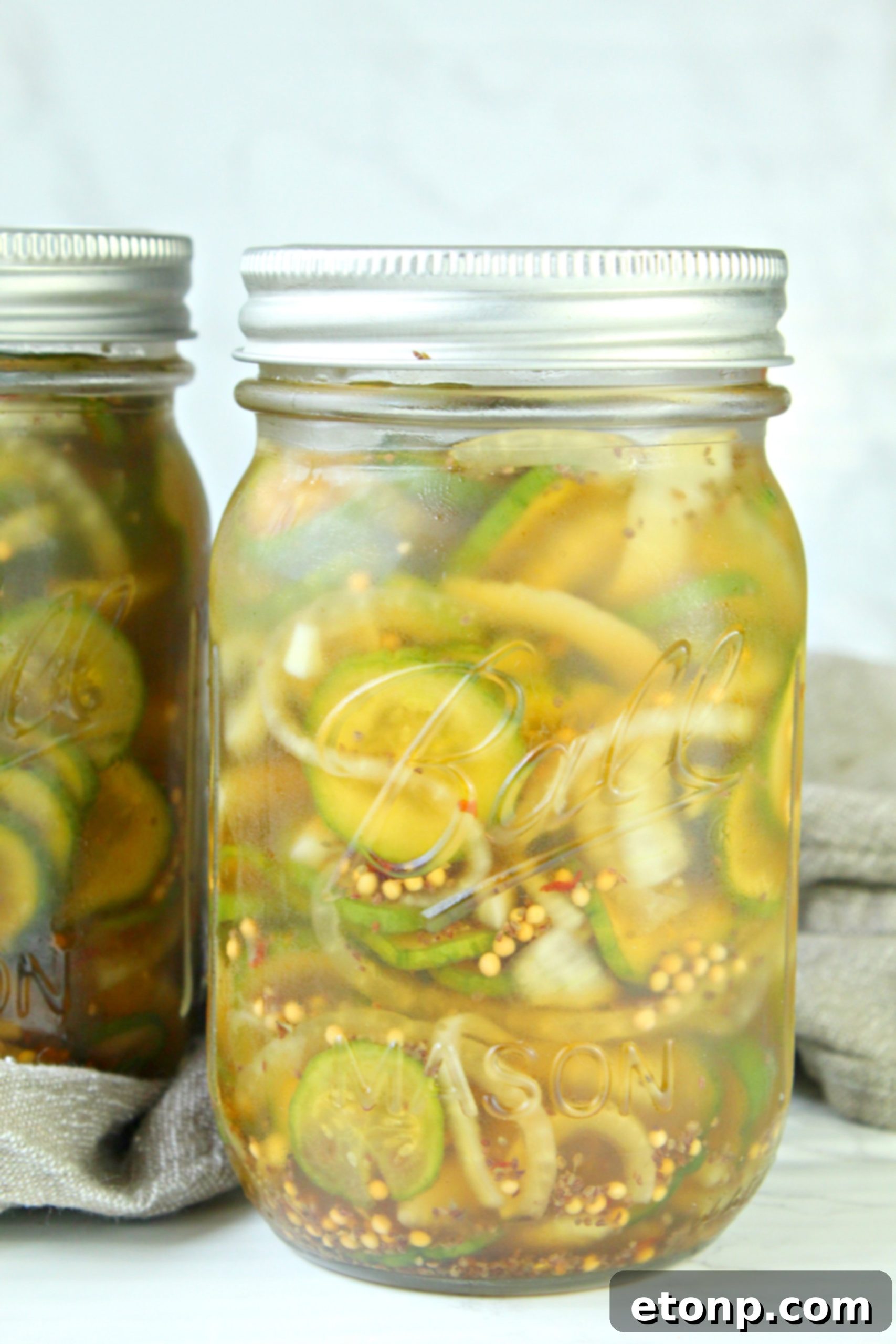 Various types of vinegar bottles, including white vinegar and apple cider vinegar, arranged on a kitchen counter next to fresh pickling ingredients.