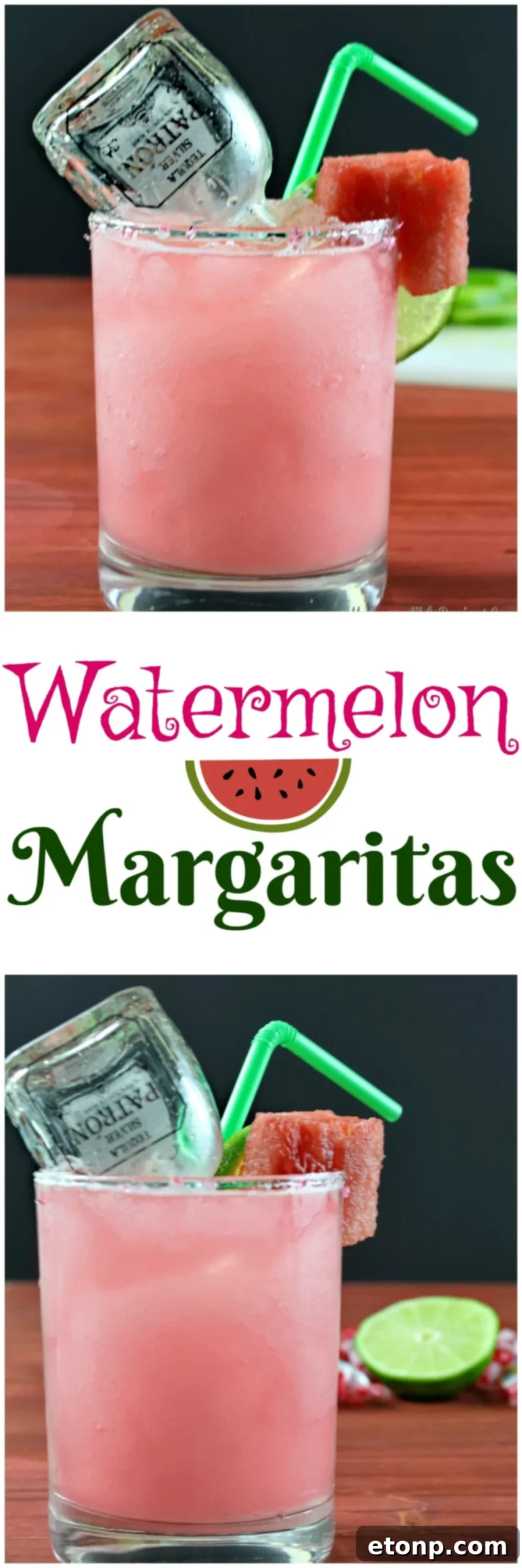 Watermelon margarita with fresh watermelon slices and mint garnish