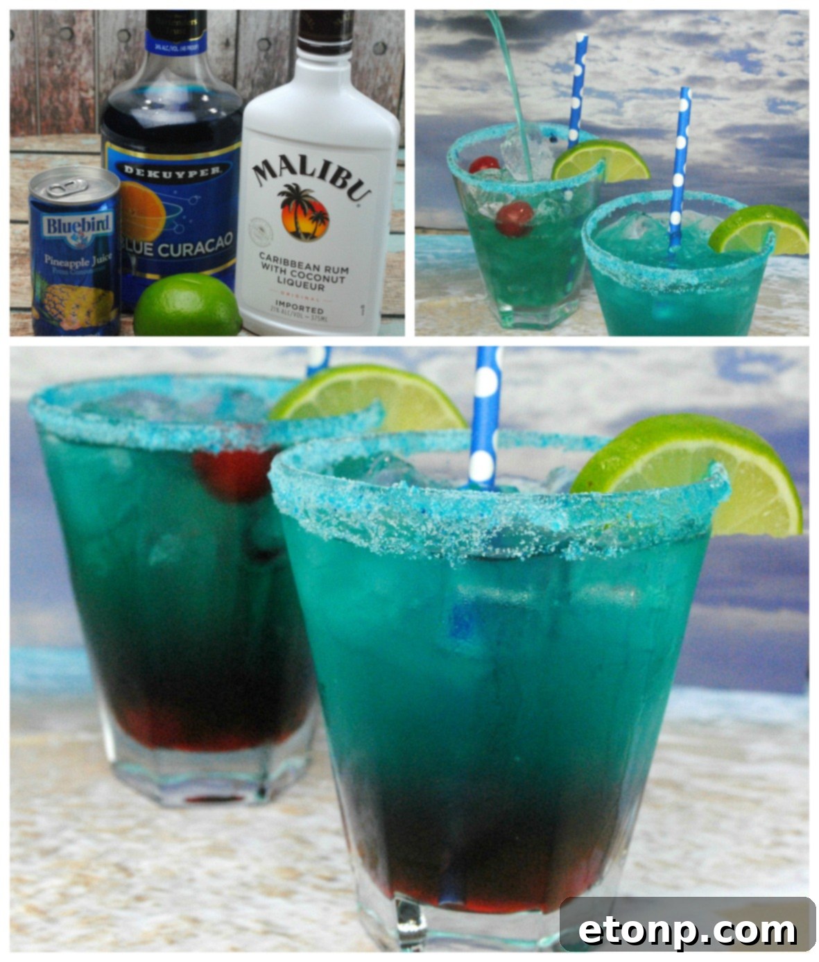 A collage of Shark Bite cocktails in various stages of preparation and enjoyment, showcasing its vibrant appeal.