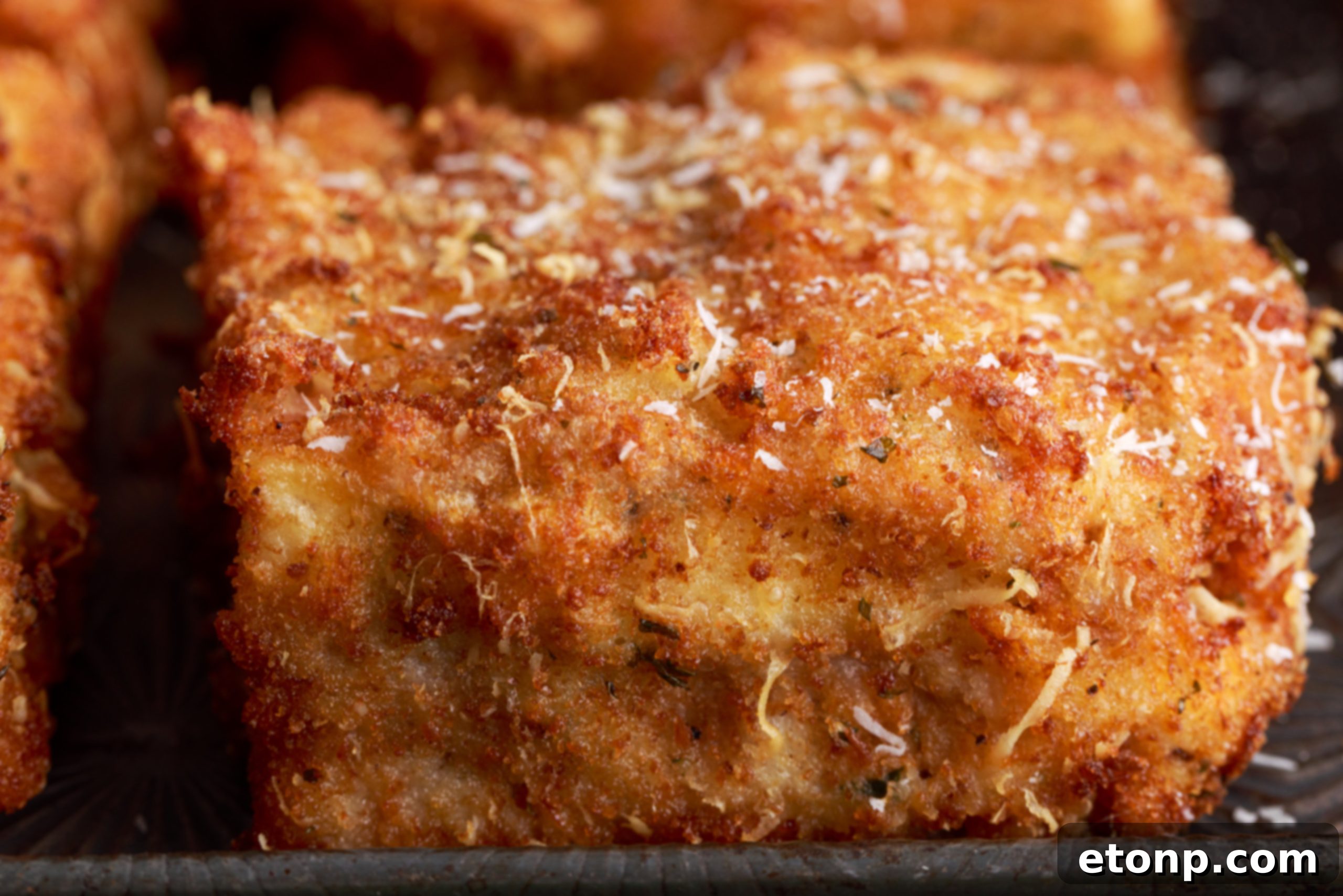 Crispy deep fried lasagna pieces arranged on a platter