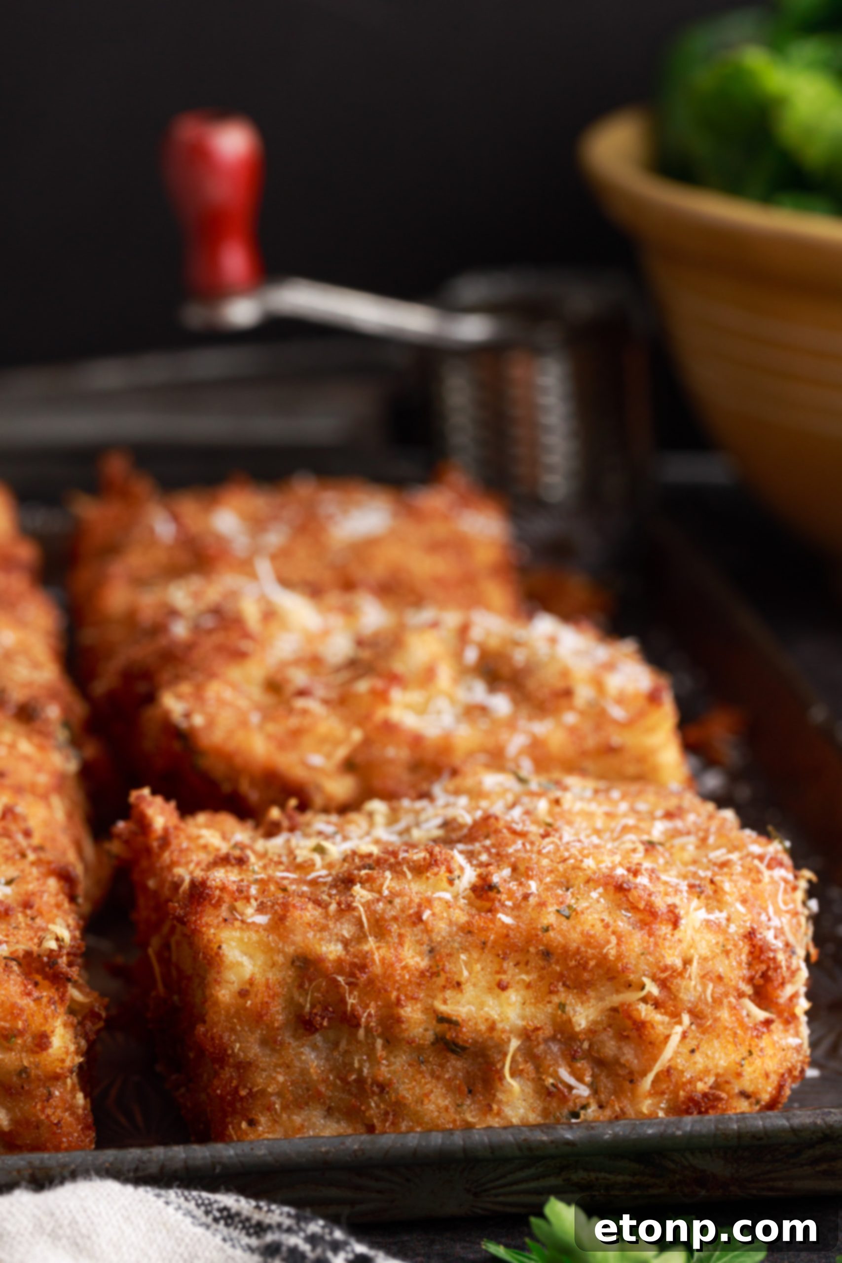 Another close-up of deep fried lasagna, showcasing its rich texture