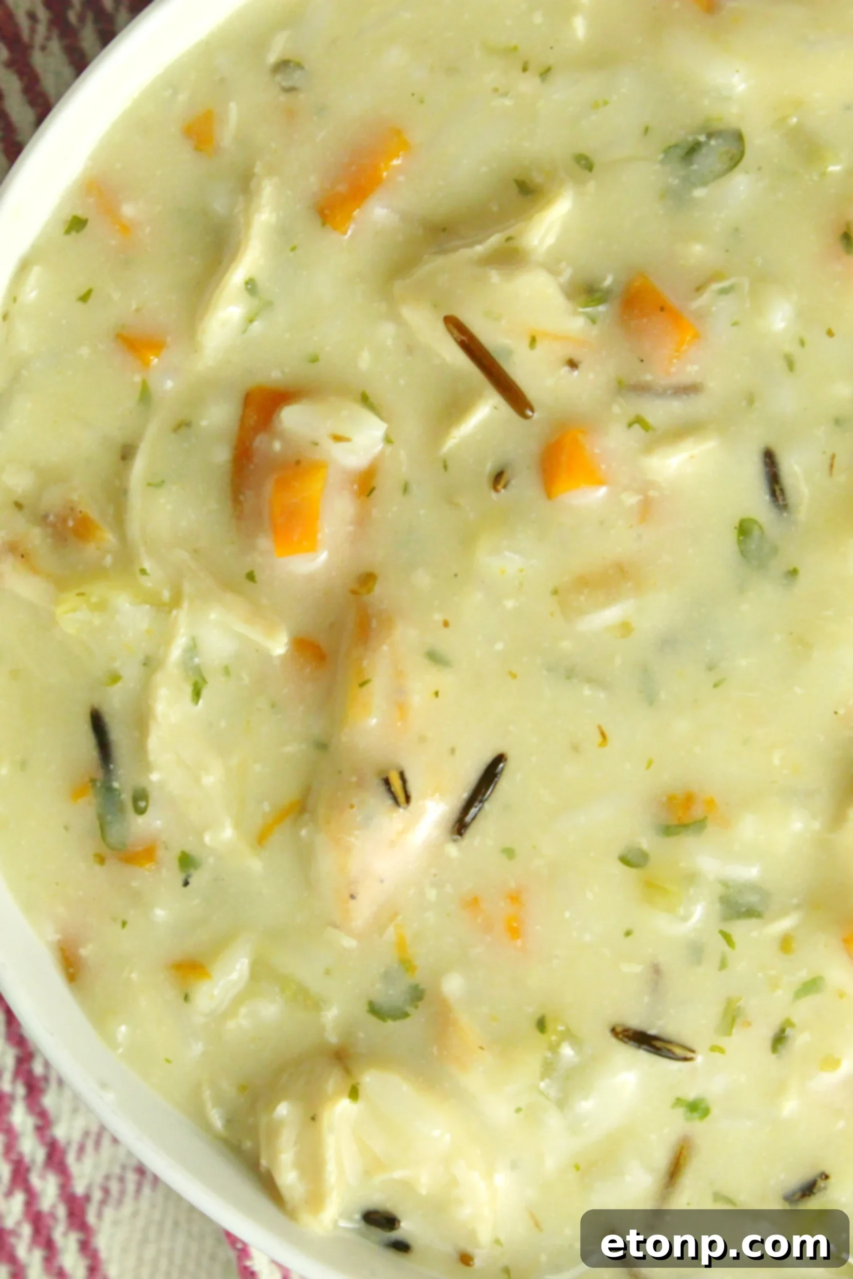 A bowl of hot, steamy Chicken & Wild Rice Soup, ready for a comforting meal.