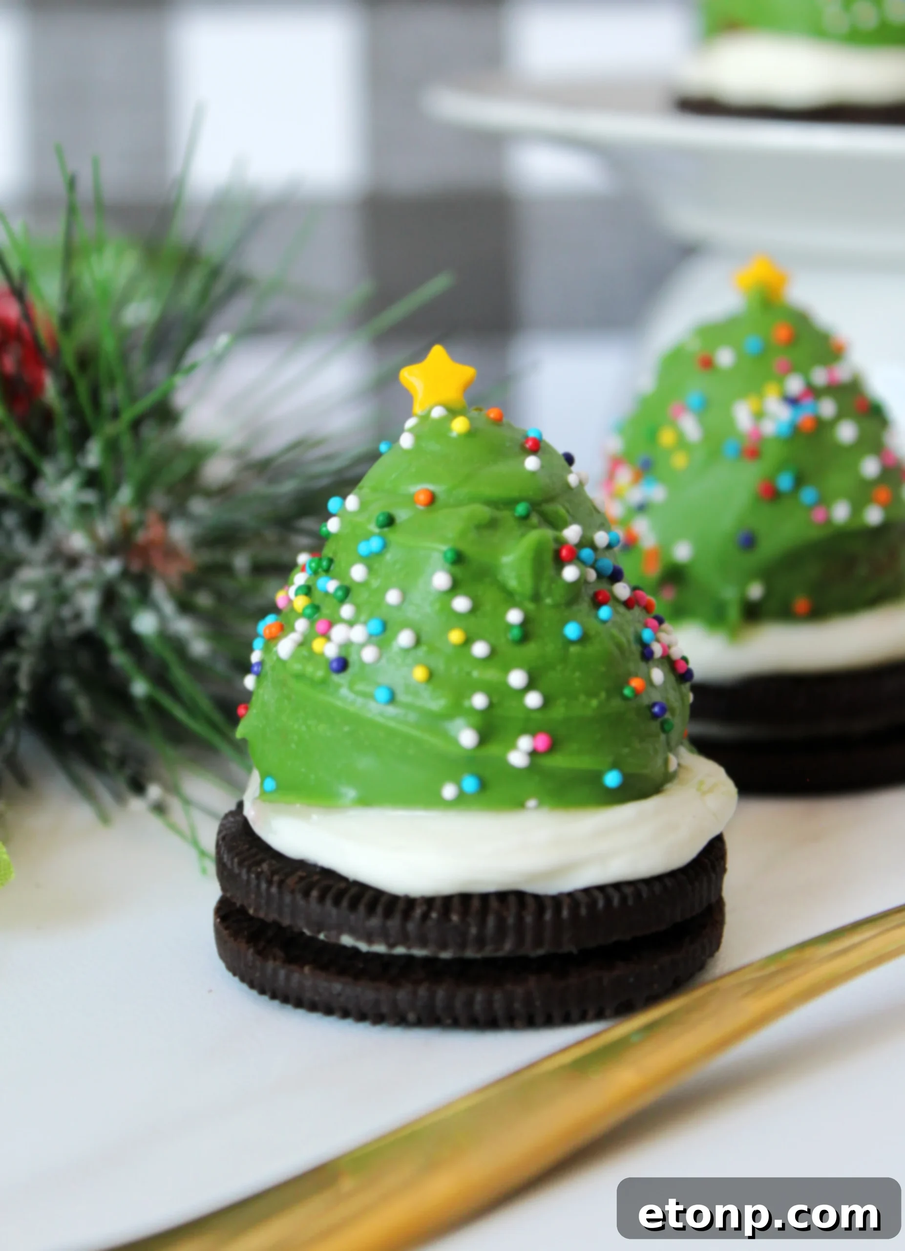 Close-up of beautifully decorated green chocolate strawberry Christmas trees