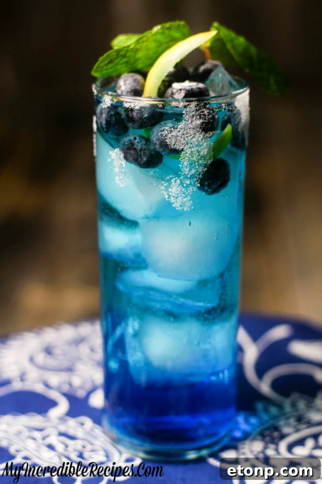 Zingy Blueberry Lemonade 5 A single glass of Bangin' Blueberry Lemonade, beautifully garnished, reflecting light