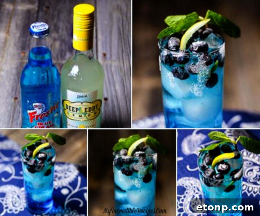 Zingy Blueberry Lemonade 8 A vibrant blue cocktail in a clear glass, with fresh blueberries and lemon, beautifully lit
