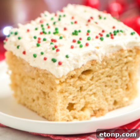 Holiday Eggnog Sheet Cake Delight 11 A decorated eggnog cake with frosting.