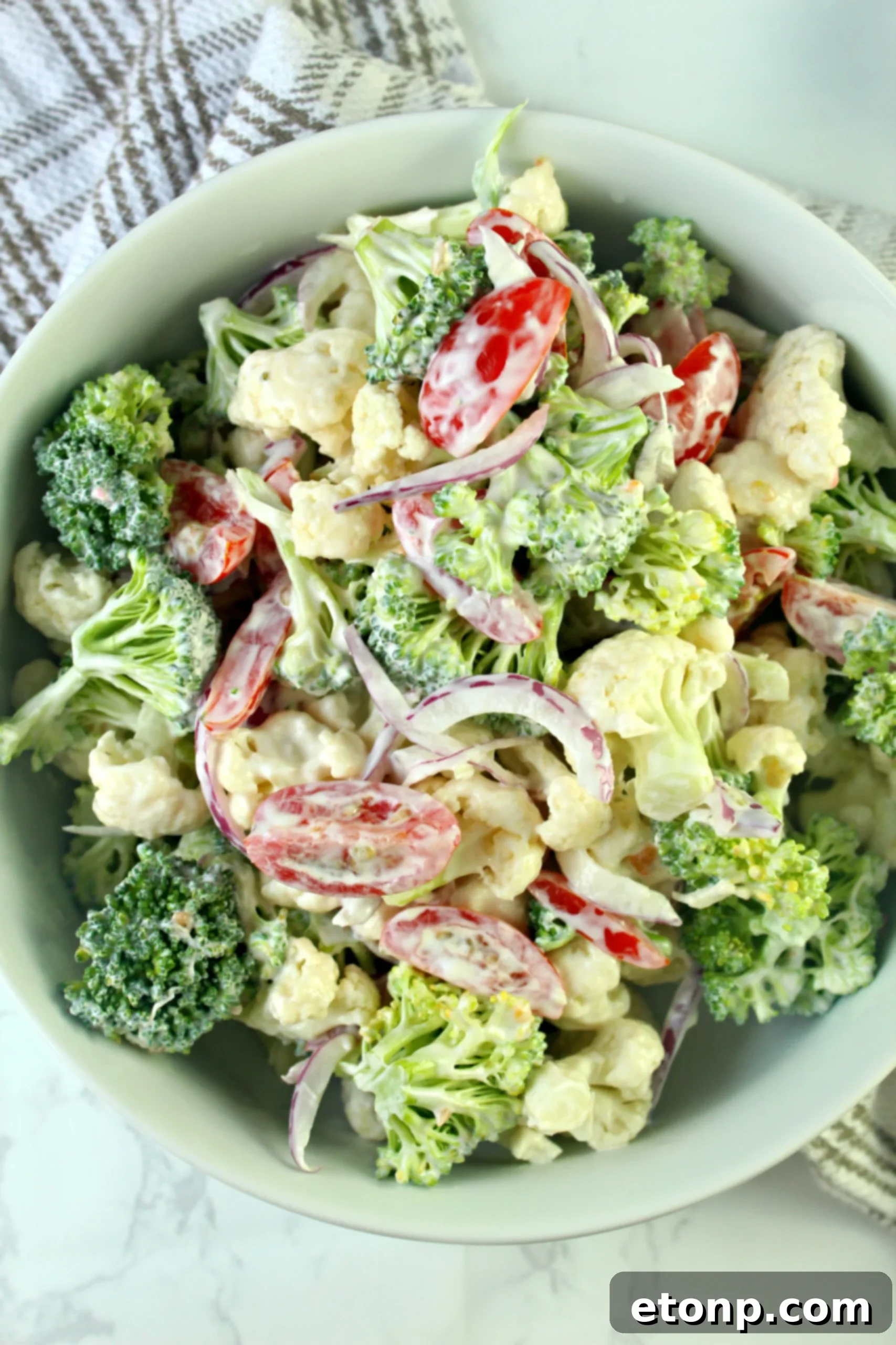 A festive Christmas Salad ready to serve, showcasing its vibrant red, green, and white colors in a bowl.