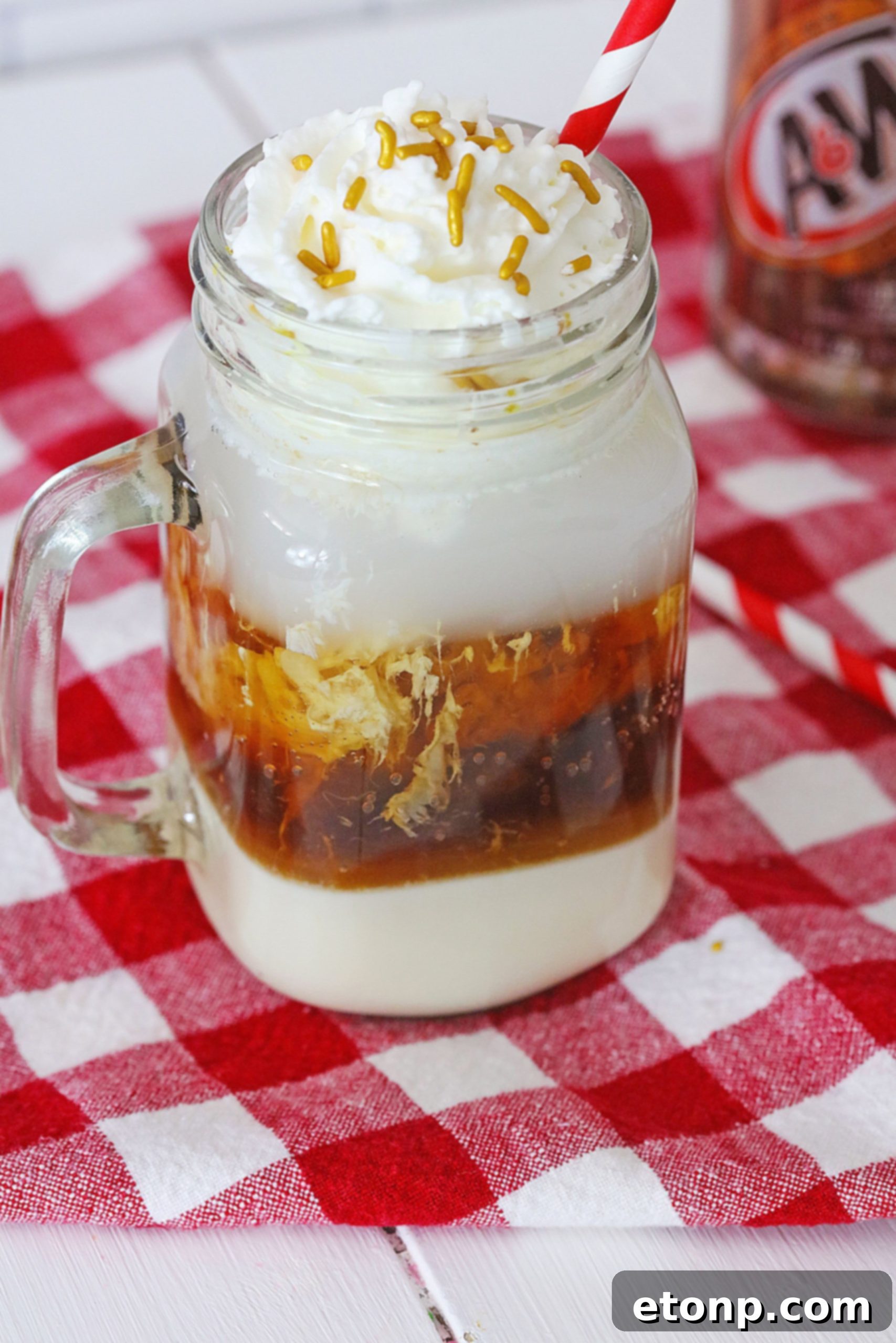 Decadent Layered Root Beer Float Cocktail 7 Ingredients for a Root Beer Float Cocktail including a bottle of whipped cream vodka.