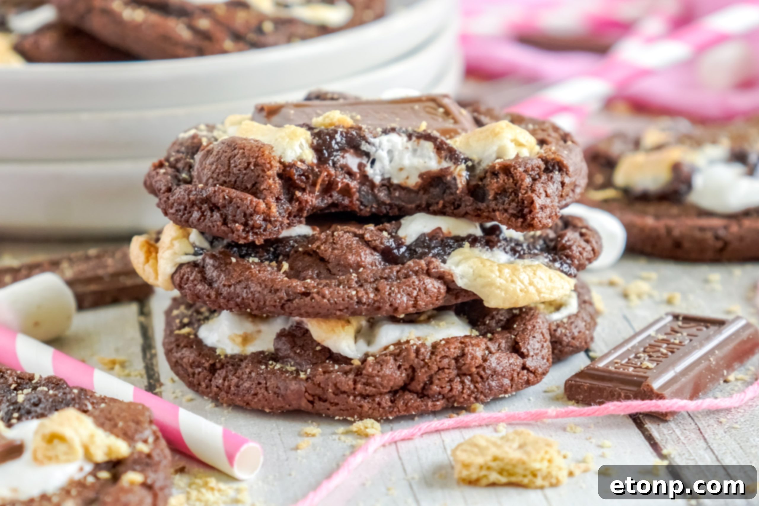 A baking sheet with cookie dough balls, topped with marshmallows, ready to be baked into s'mores cookies.