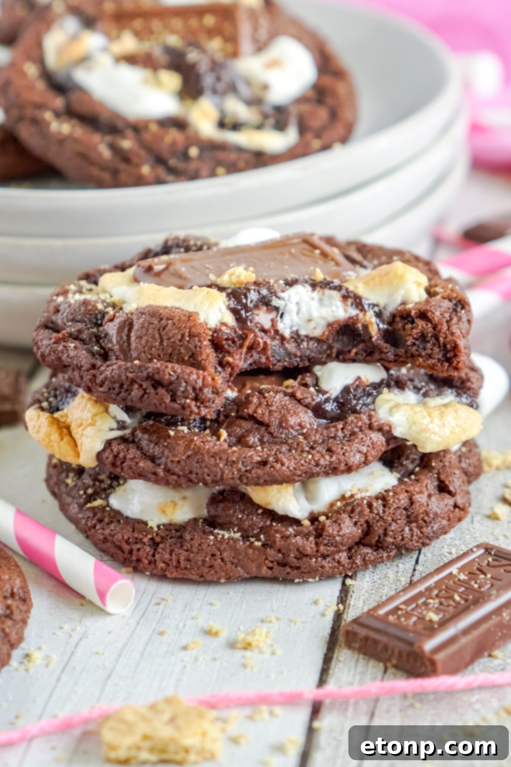 A selection of chocolate bars, including Hershey's, indicating options for the s'mores cookies.