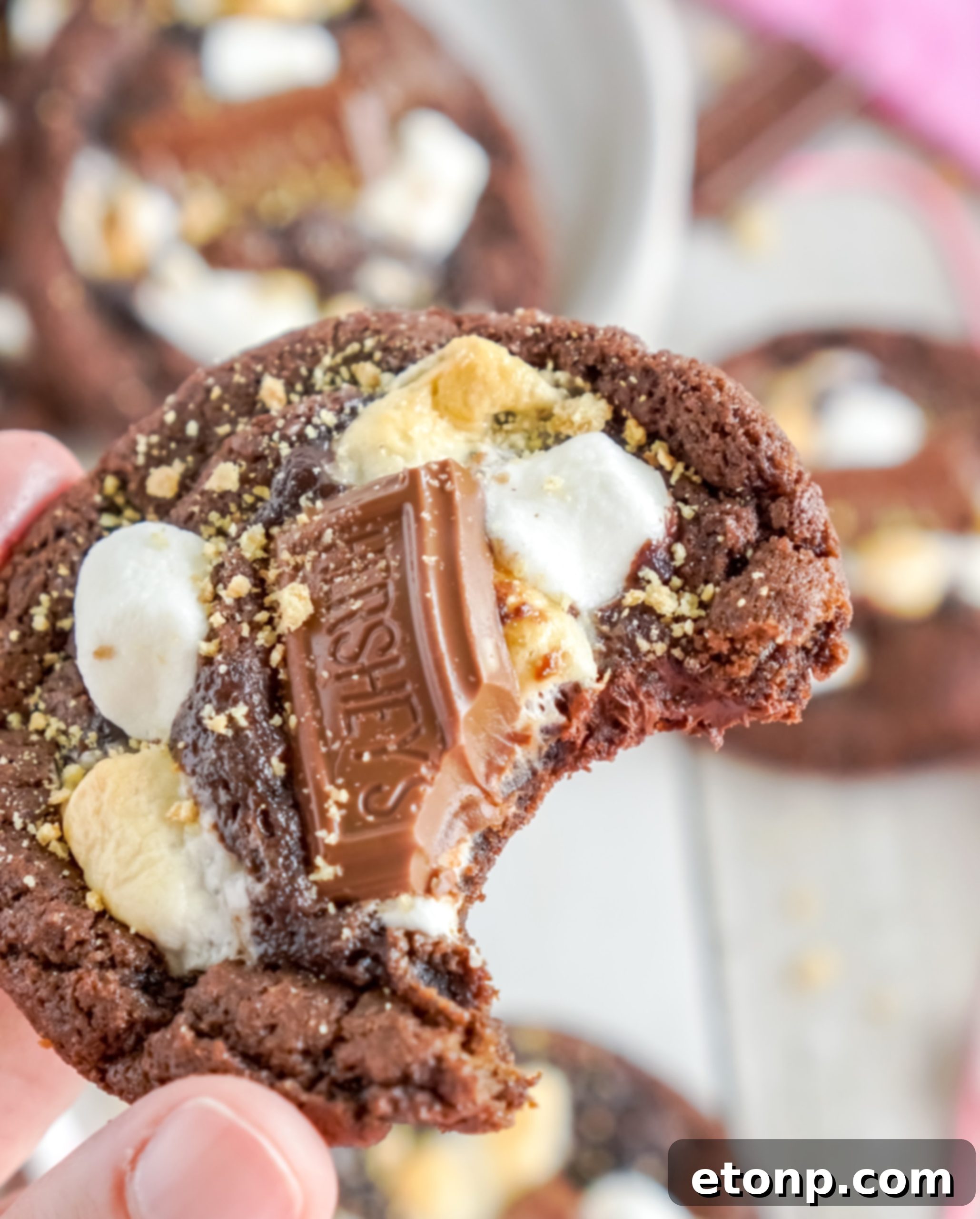 A close-up of a freshly baked s'mores cookie, showing the irresistible texture of melted marshmallow and chocolate.
