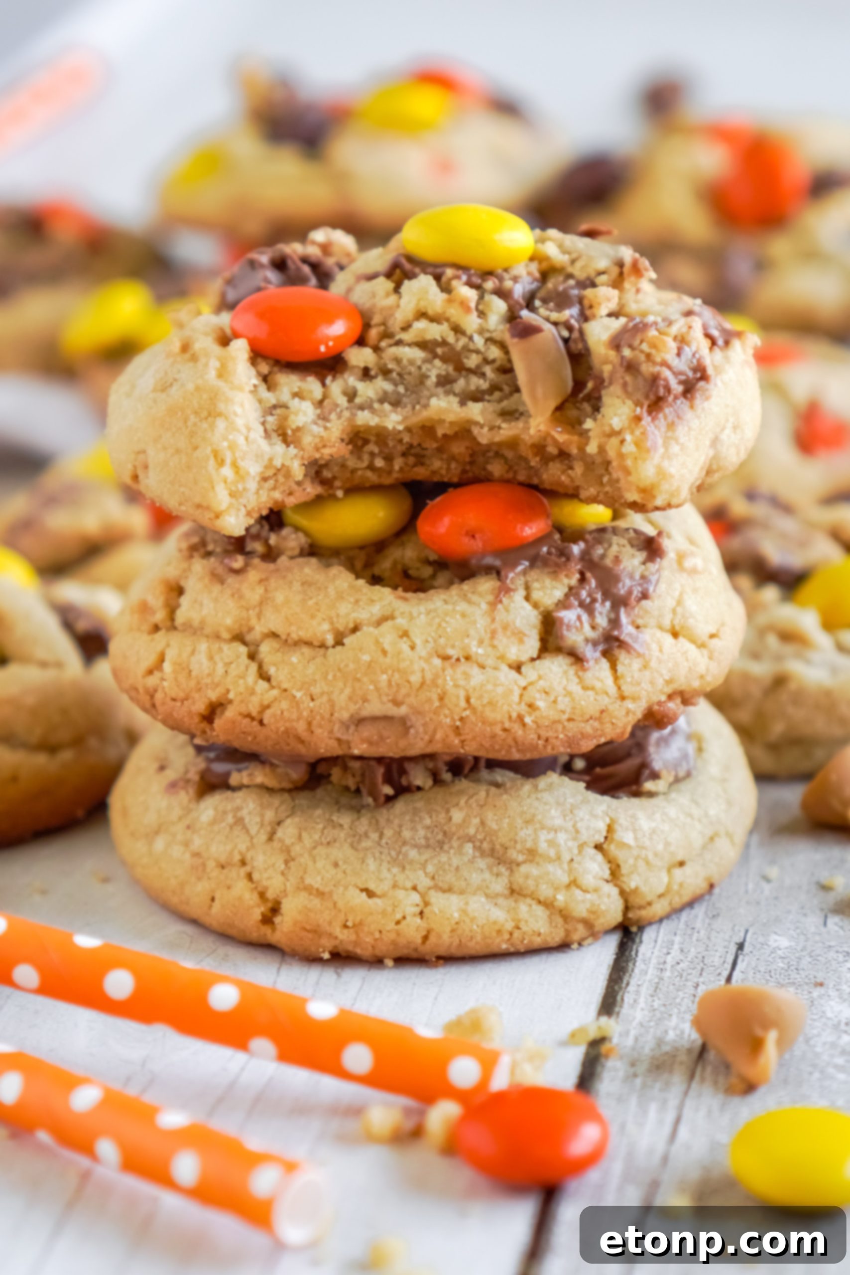 A plate of freshly baked Reese's Peanut Butter Cup Cookies, showcasing their golden-brown edges and vibrant candies.