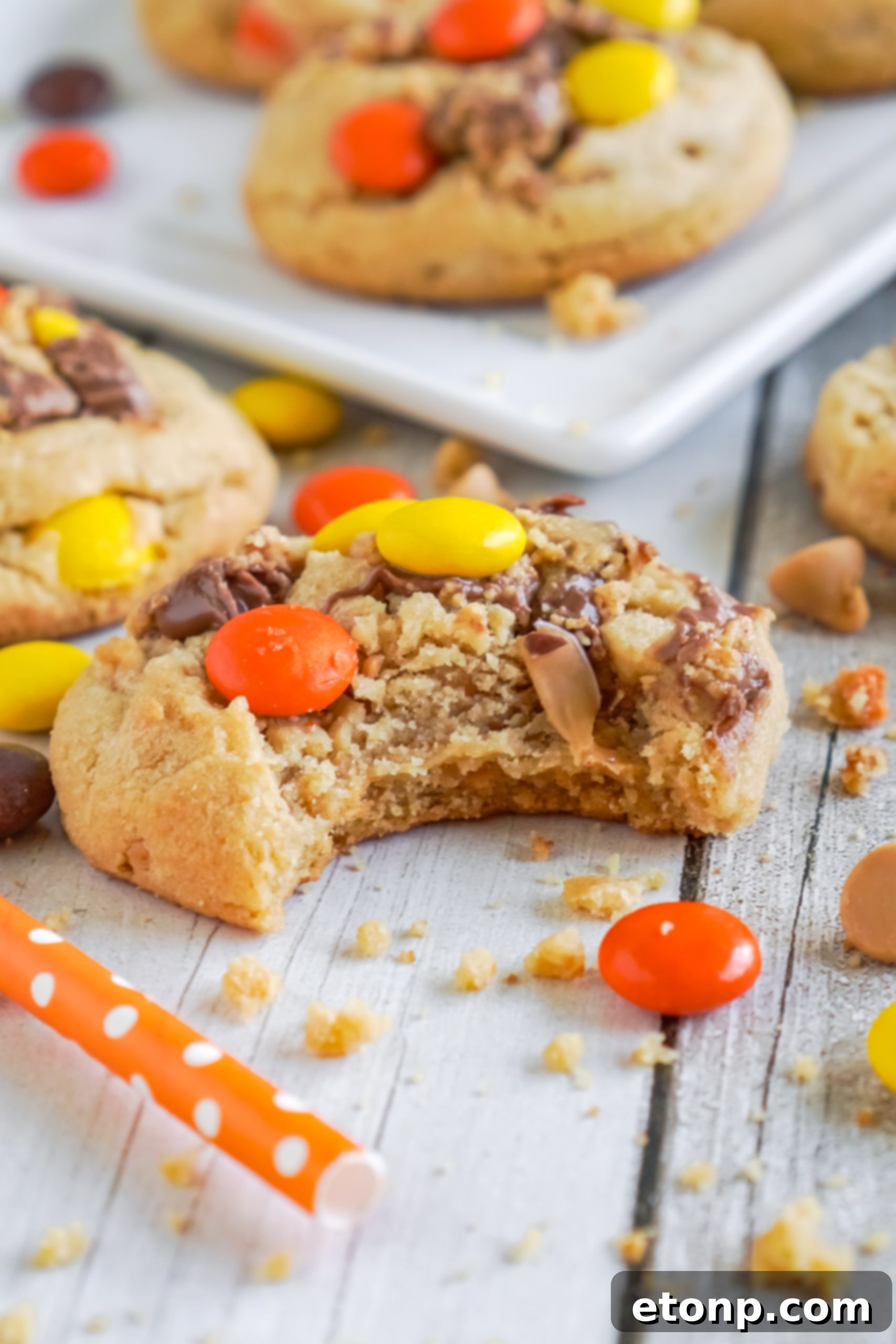A close-up of a single Reese's Peanut Butter Cup Cookie, showing its detailed texture and embedded candies.