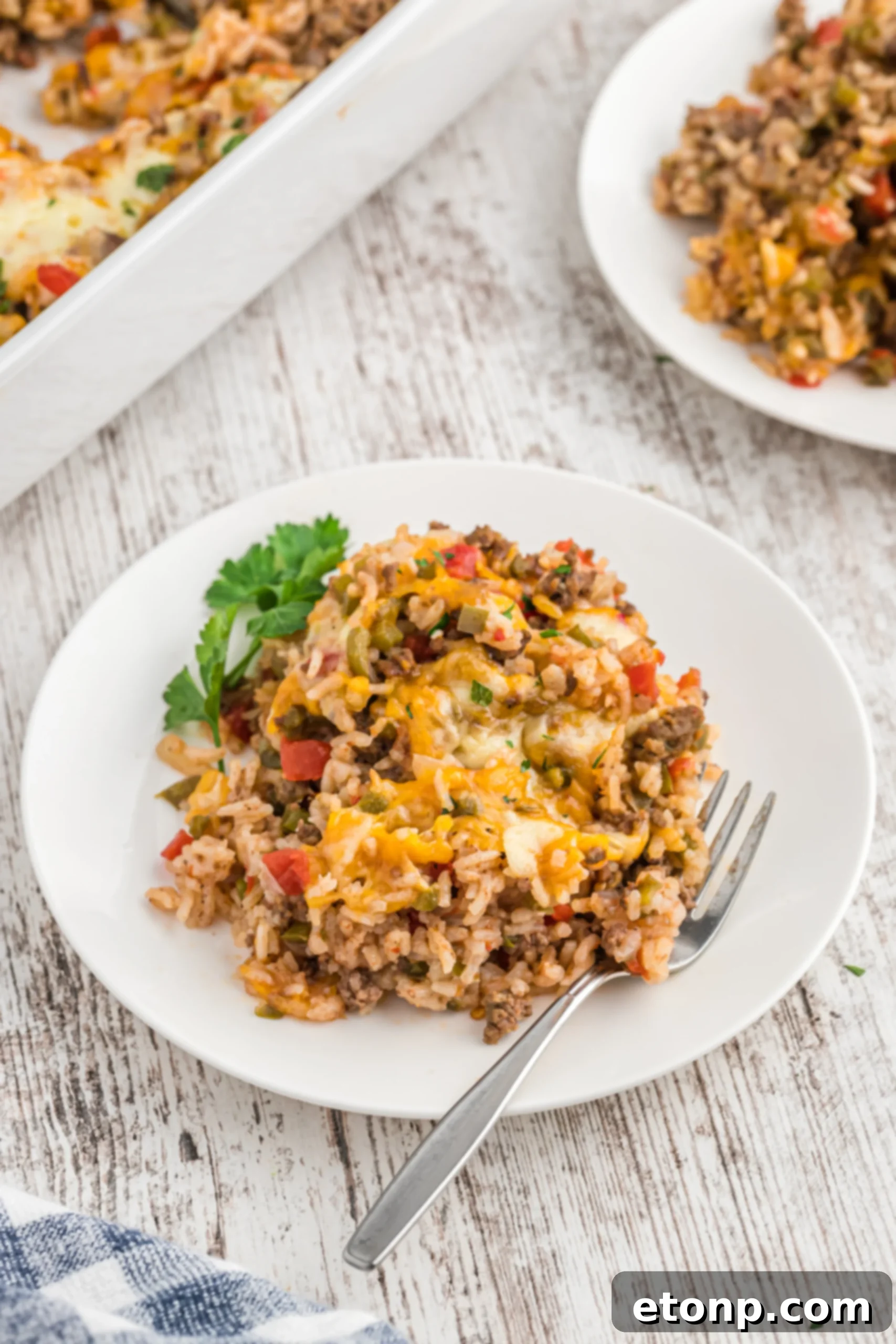 Stuffed Bell Pepper Casserole in a baking dish, freshly cooked