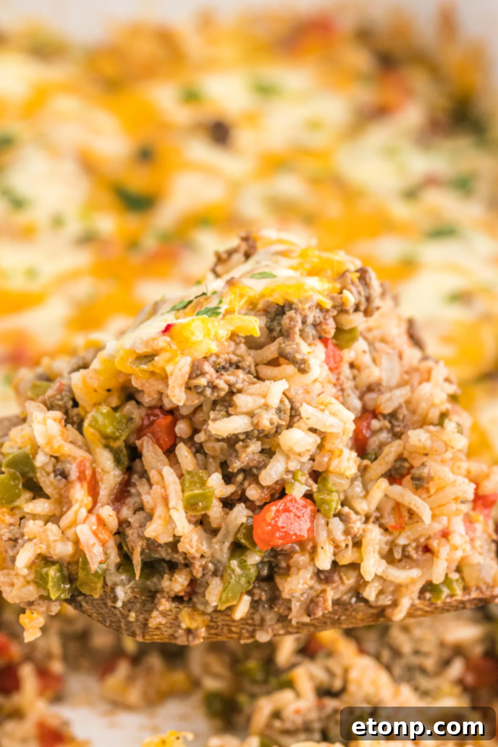 Ground beef and diced peppers in a frying pan