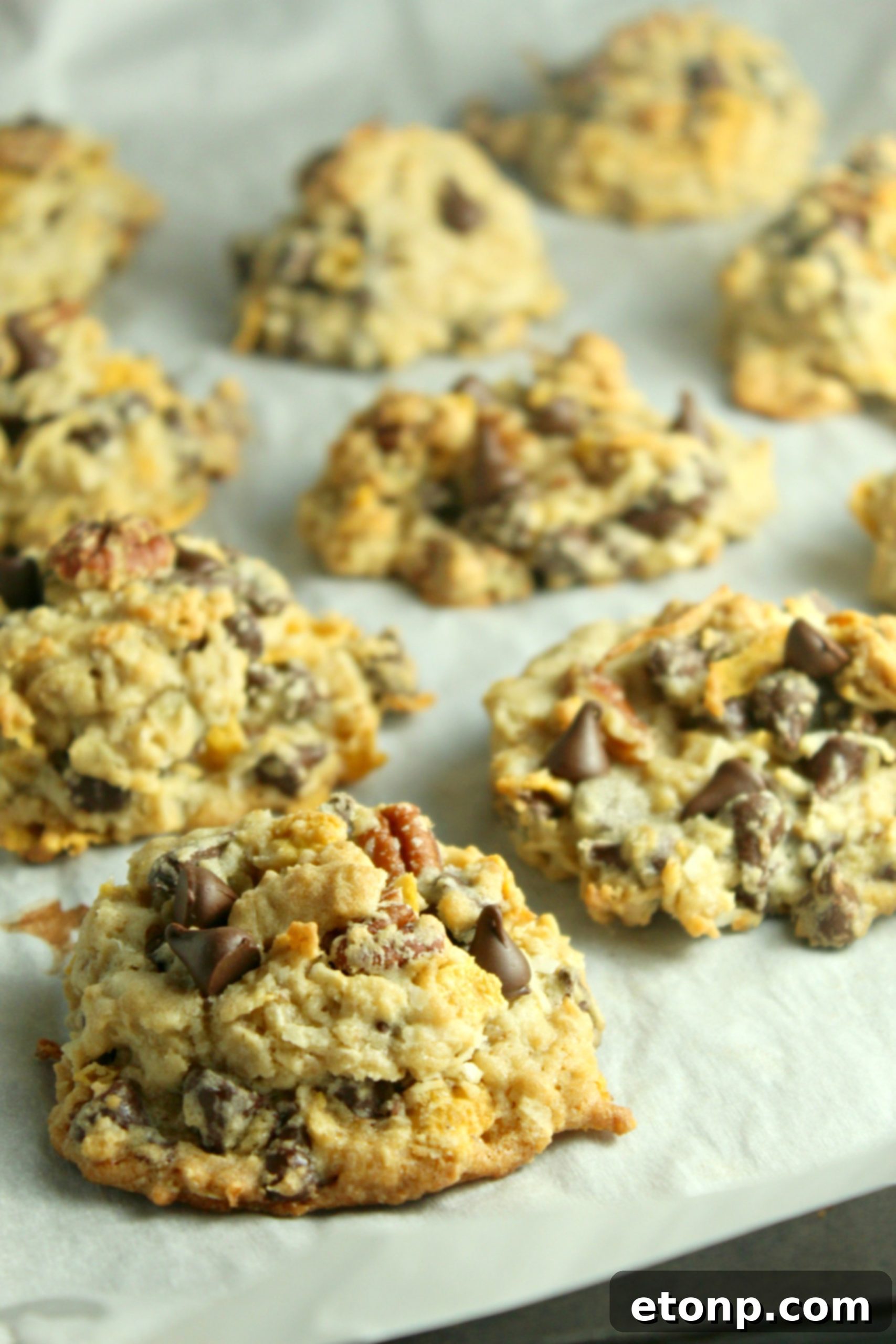 Close-up of a stack of freshly baked Cowboy Cookies, highlighting their texture.