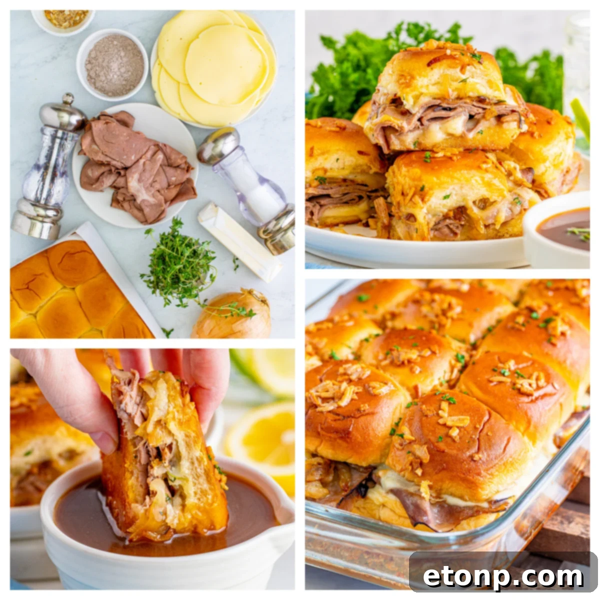 A collage showing French Dip Slider ingredients, a slider being dipped into au jus, and a full baking dish of uncooked sliders.