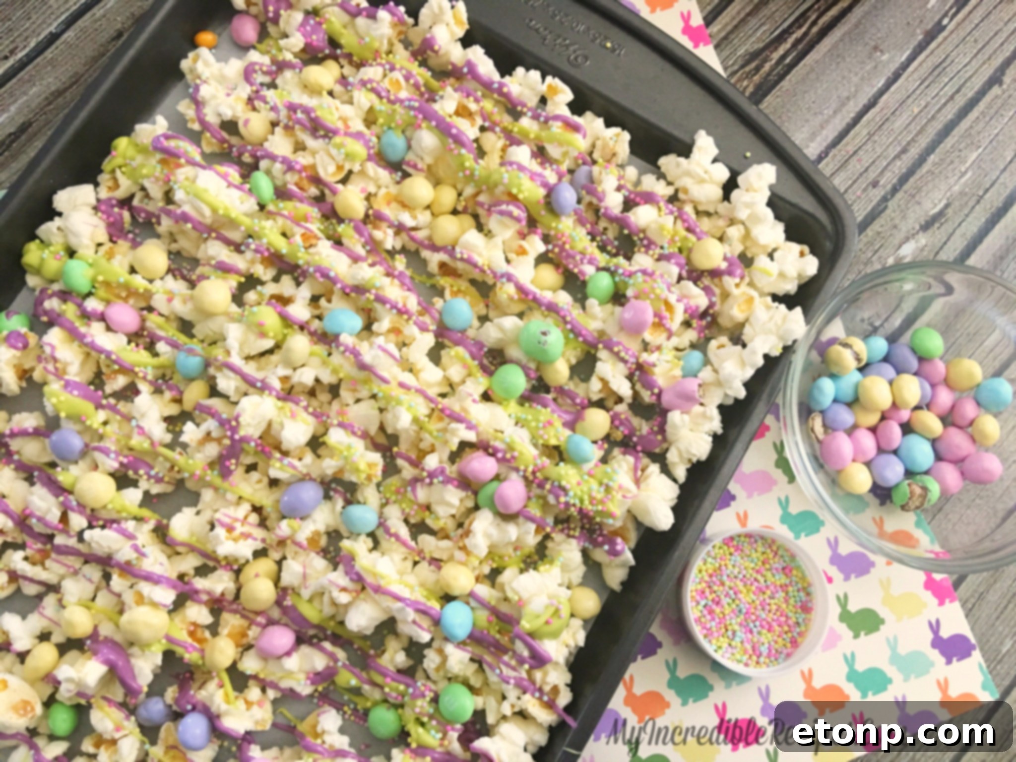 Close-up of crunchy and sweet Bunny Bait, showcasing the chocolate coating and colorful candies
