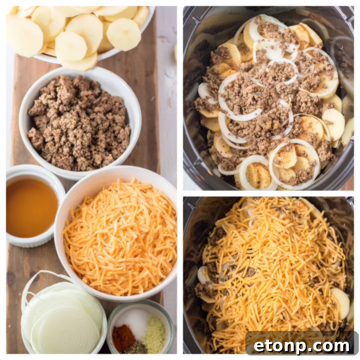 A close-up of a slow cooker filled with layers of browned ground beef, thinly sliced potatoes, and melted cheese, simmering to perfection.