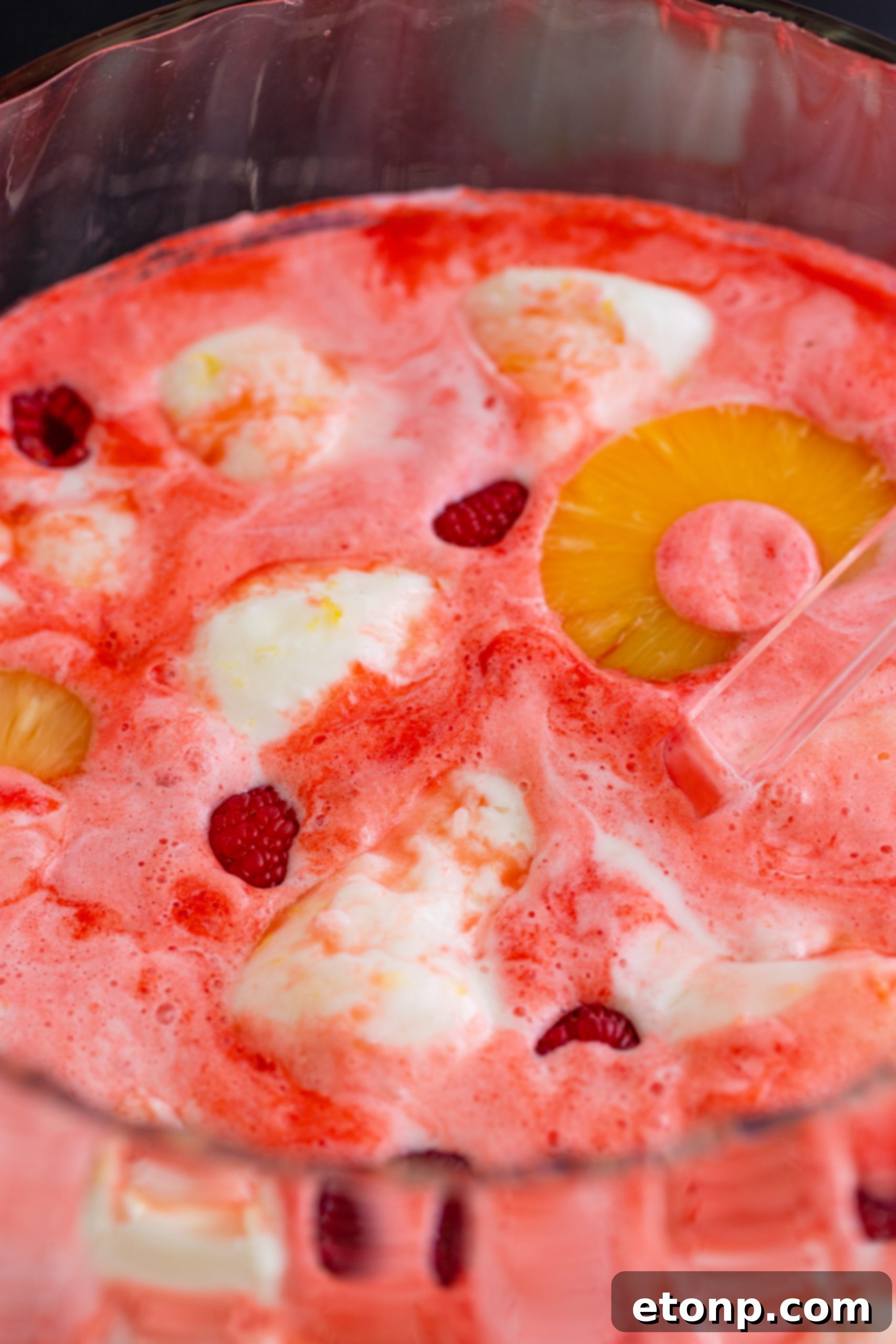 Hands holding a glass of Boozy Sherbet Punch with pineapple and raspberry garnish