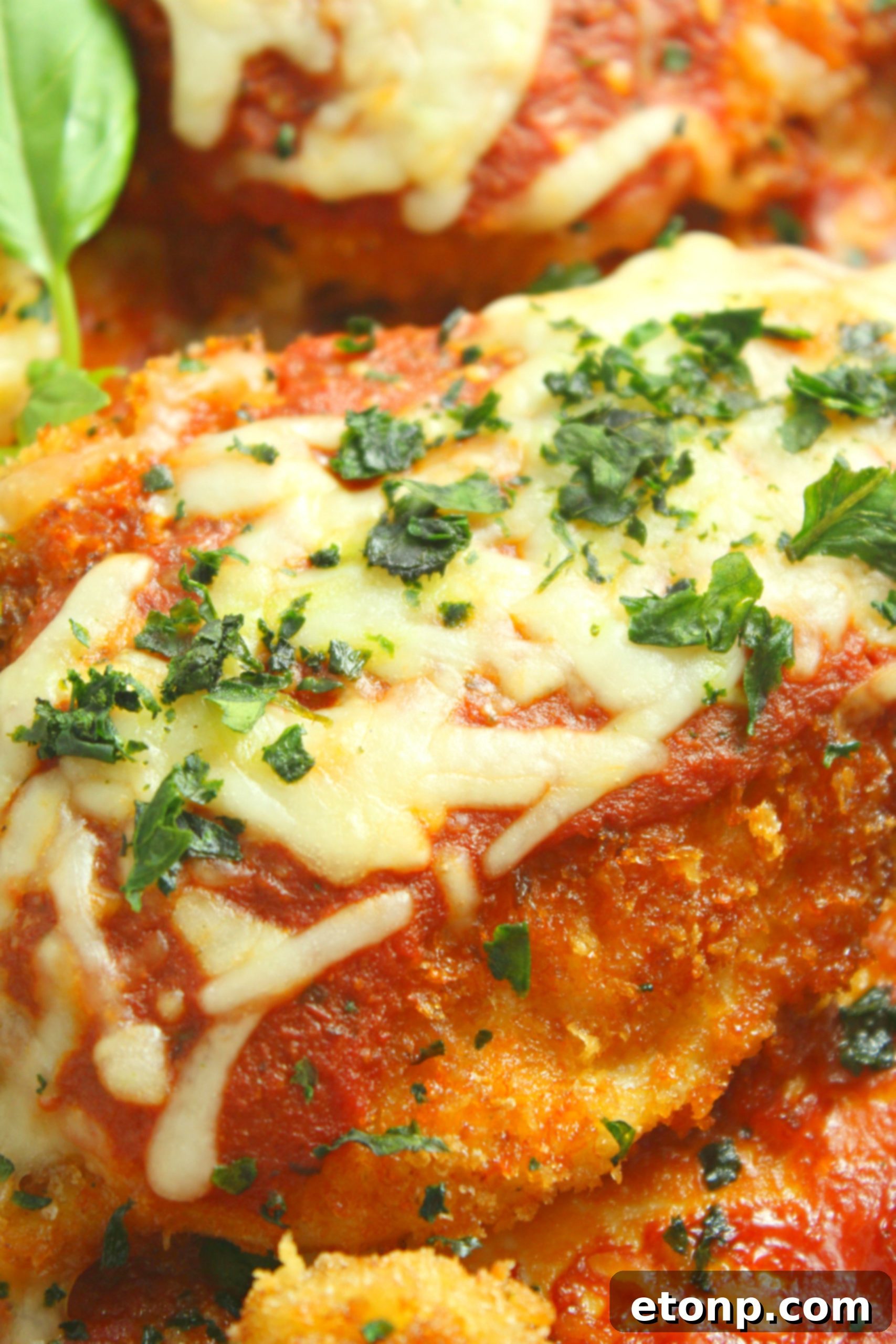 Crispy, Cheesy Chicken Parmesan 2 Delicious Homemade Chicken Parmesan with a golden crust and melted cheese