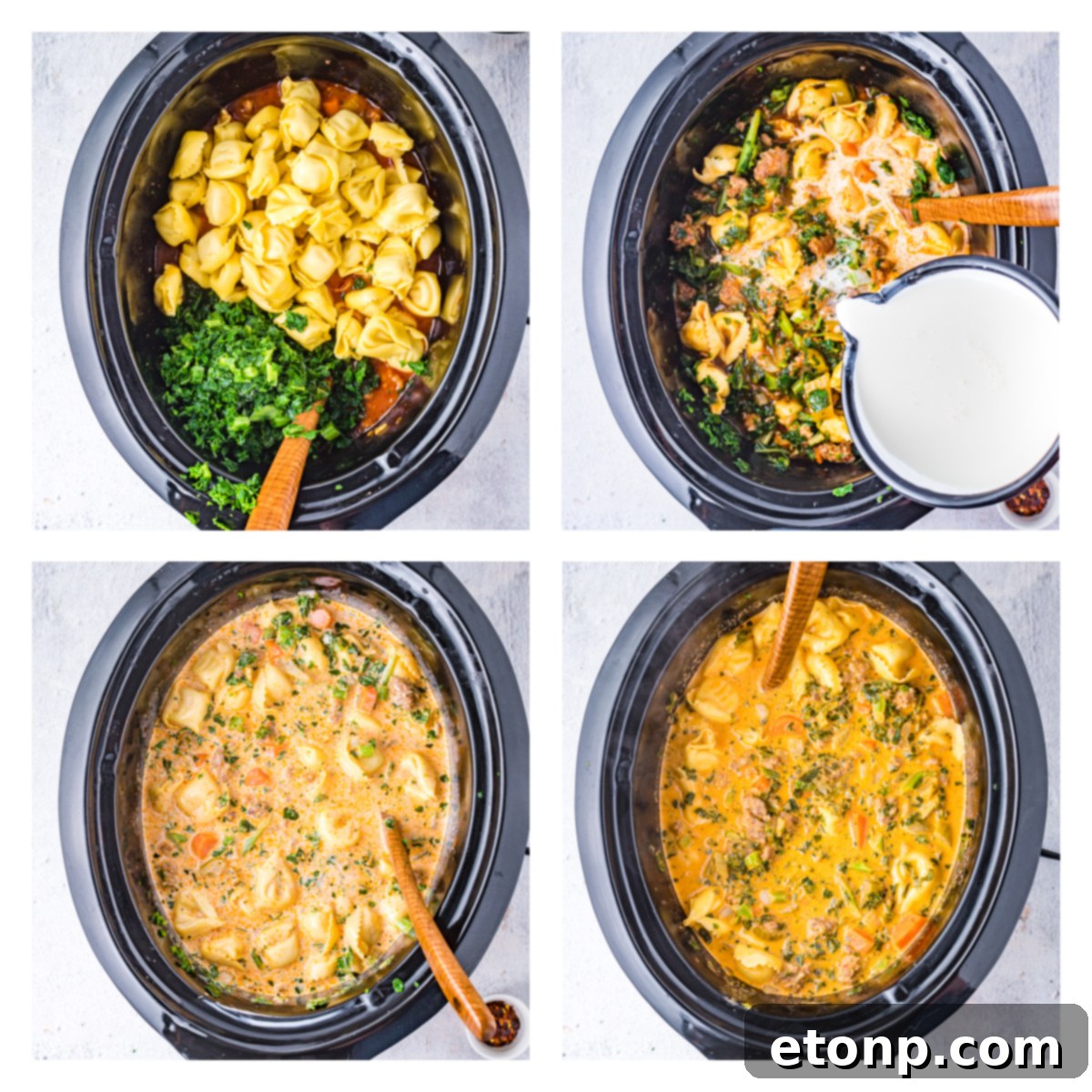Ingredients for creamy tortellini soup laid out, including tomatoes, herbs, cream, and tortellini.