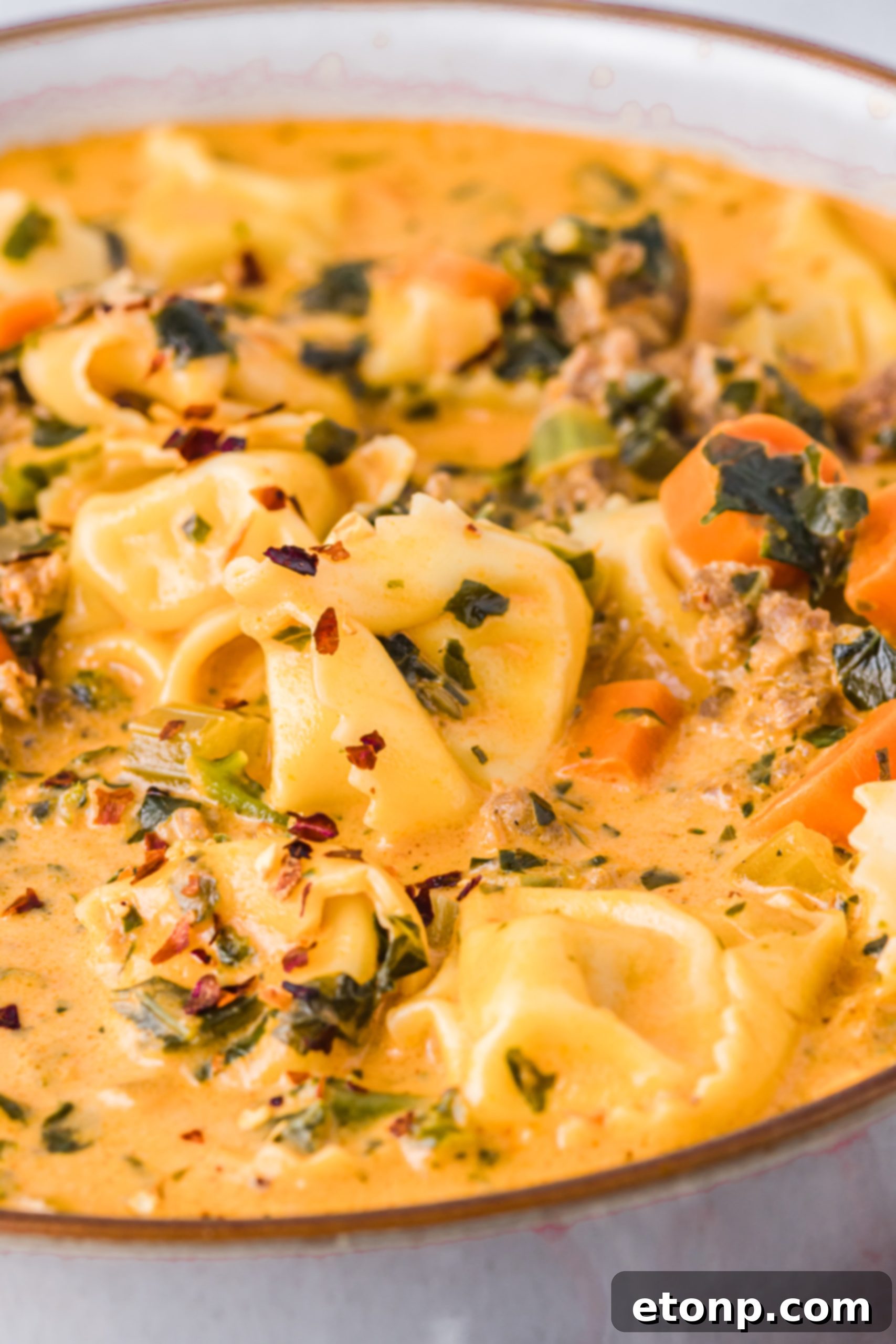 A serving of creamy tortellini soup in a white bowl, garnished with parmesan and fresh parsley, next to a spoon.