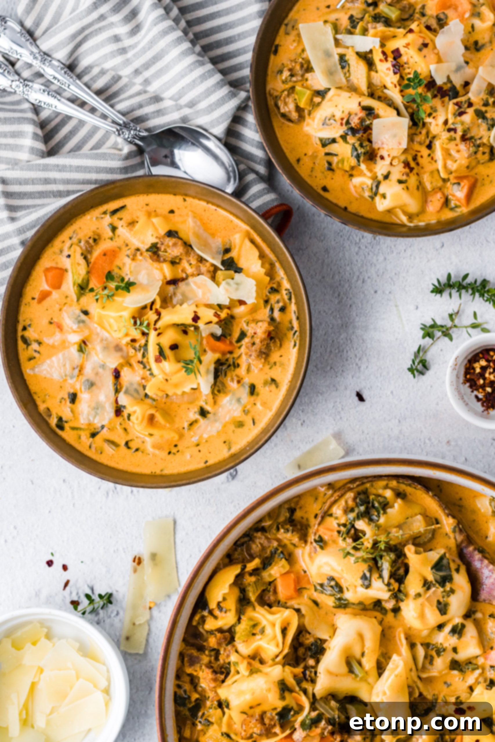 A generous close-up of tortellini soup, showing the creamy texture and the shape of the tortellini.