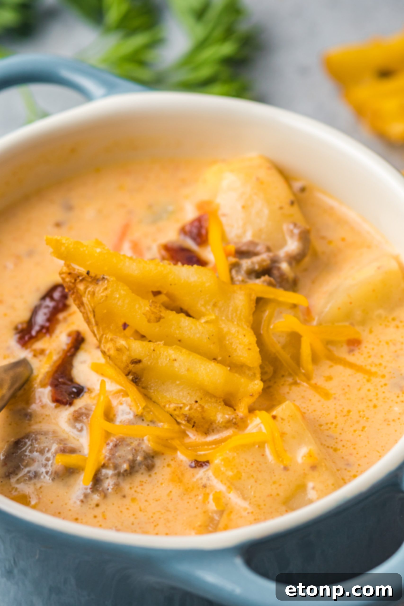 A bowl of slow cooker cheeseburger soup, emphasizing its rich texture and savory appeal.