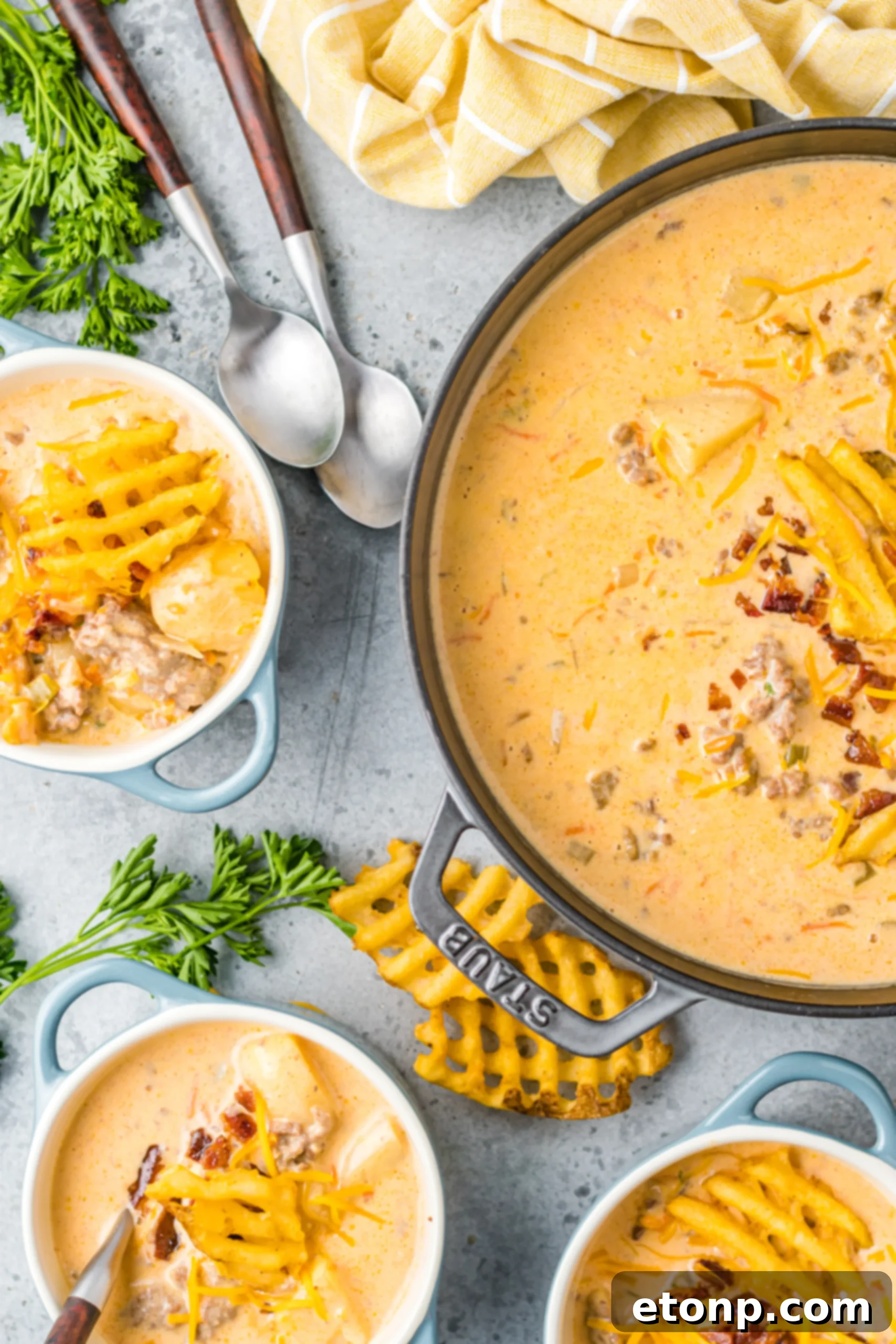 Delicious slow cooker cheeseburger soup, ready to be enjoyed, highlighting its comforting and flavorful appeal.